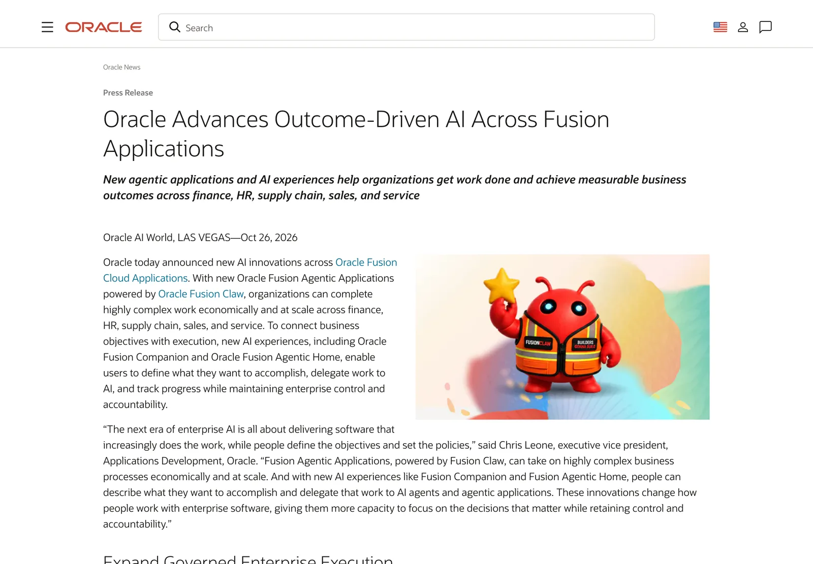 ภาพหน้าจอข่าวแจกของ Oracle วันที่ 26 ตุลาคม 2026 จากงาน Oracle AI World 2026 เรื่อง Outcome-Driven AI ทั่ว Fusion Applications พร้อมคำพูดของ Chris Leone