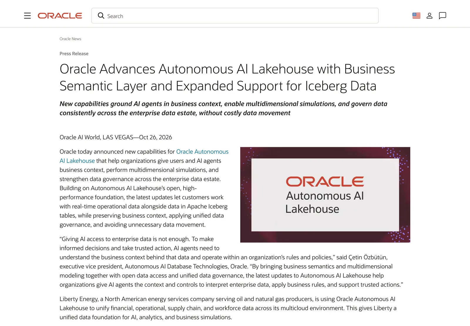 หน้าประกาศข่าวของ Oracle วันที่ 26 ตุลาคม 2026 เรื่อง Oracle Autonomous AI Lakehouse เพิ่ม Business Semantic Layer และขยายการรองรับข้อมูล Iceberg