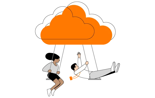 ภาพประกอบก้อนเมฆสีส้มกับคนนั่งชิงช้าบนหน้าบริการ Cloud Avenue ของ Orange Business