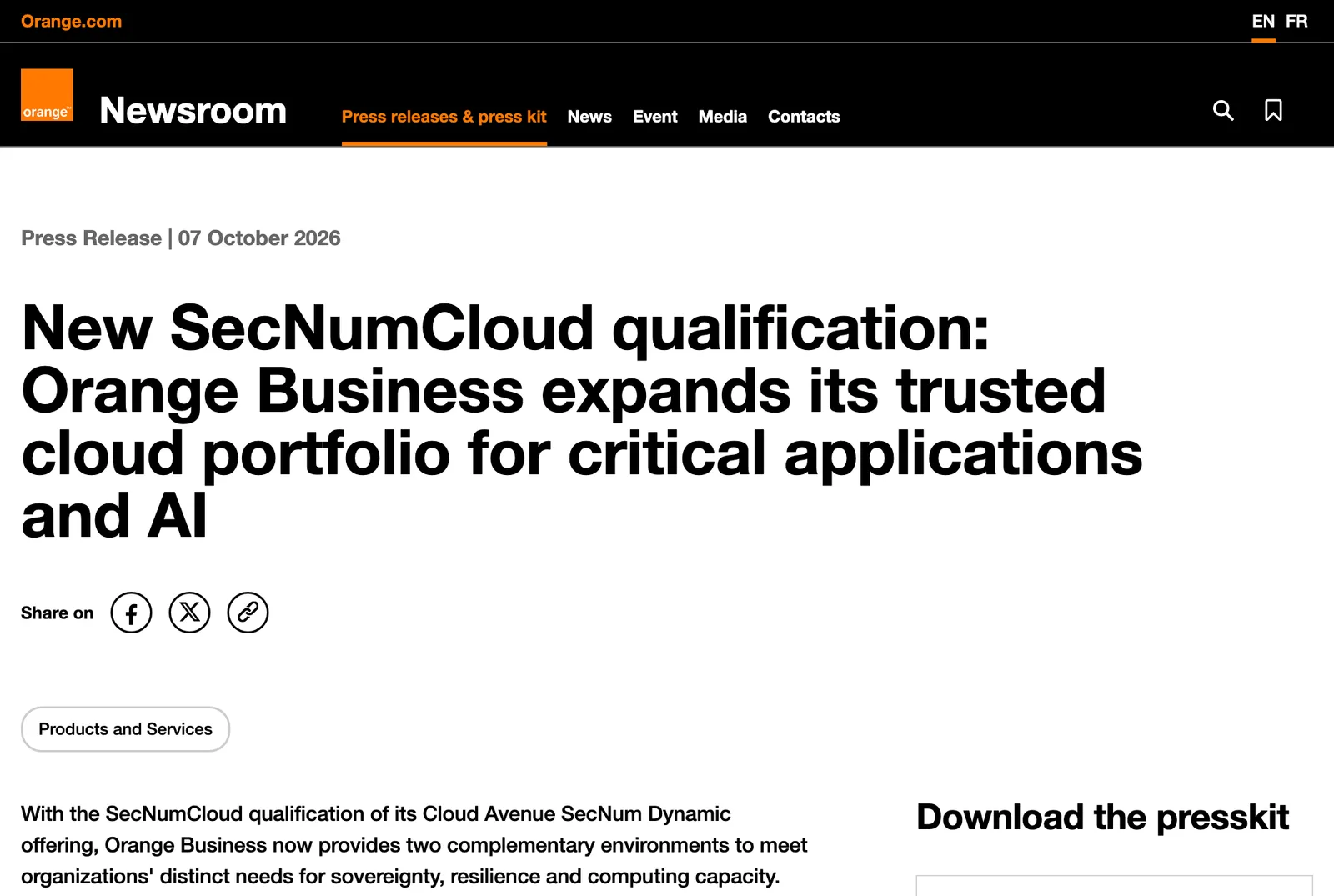 ภาพหน้าจอห้องข่าว Orange แสดงประกาศวันที่ 7 ตุลาคม 2026 เรื่อง New SecNumCloud qualification ของ Orange Business
