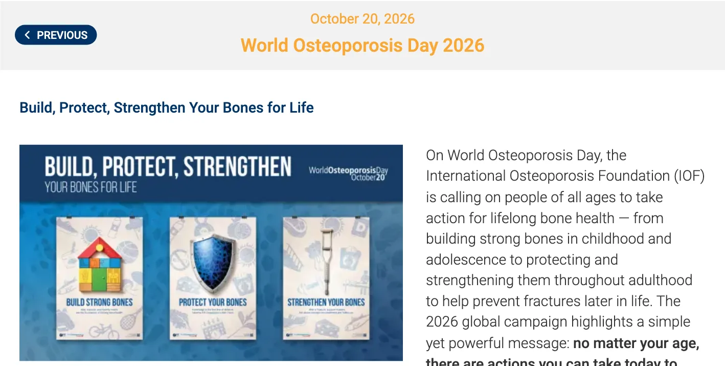 หน้าข่าววันโรคกระดูกพรุนโลก 2026 ของ IOF ลงวันที่ 20 ตุลาคม 2026 ธีม Build, Protect, Strengthen Your Bones for Life ประกอบเรื่องกระดูกพรุนในผู้ชาย