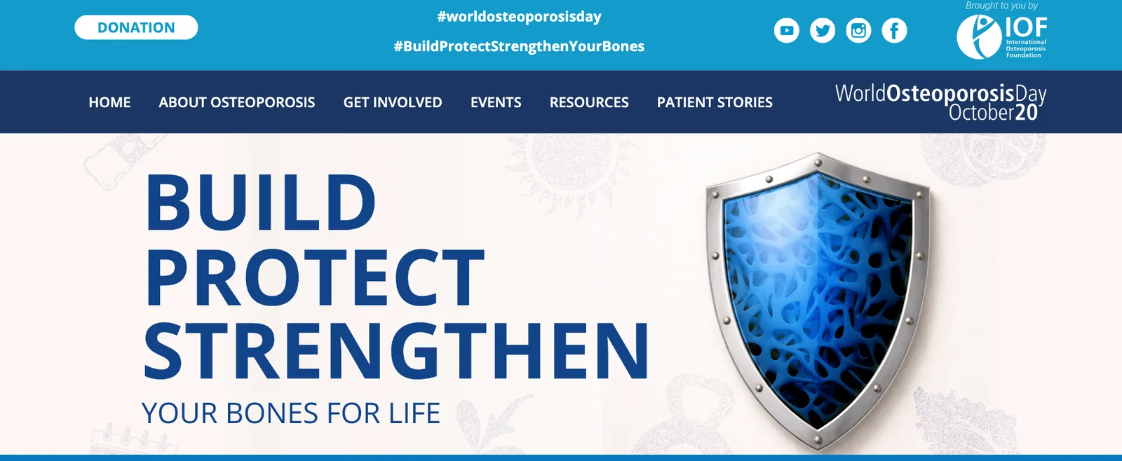 หน้าเว็บวันโรคกระดูกพรุนโลกของ IOF แสดงแคมเปญปี 2026 Build, Protect, Strengthen Your Bones for Life และวันที่ 20 ตุลาคม