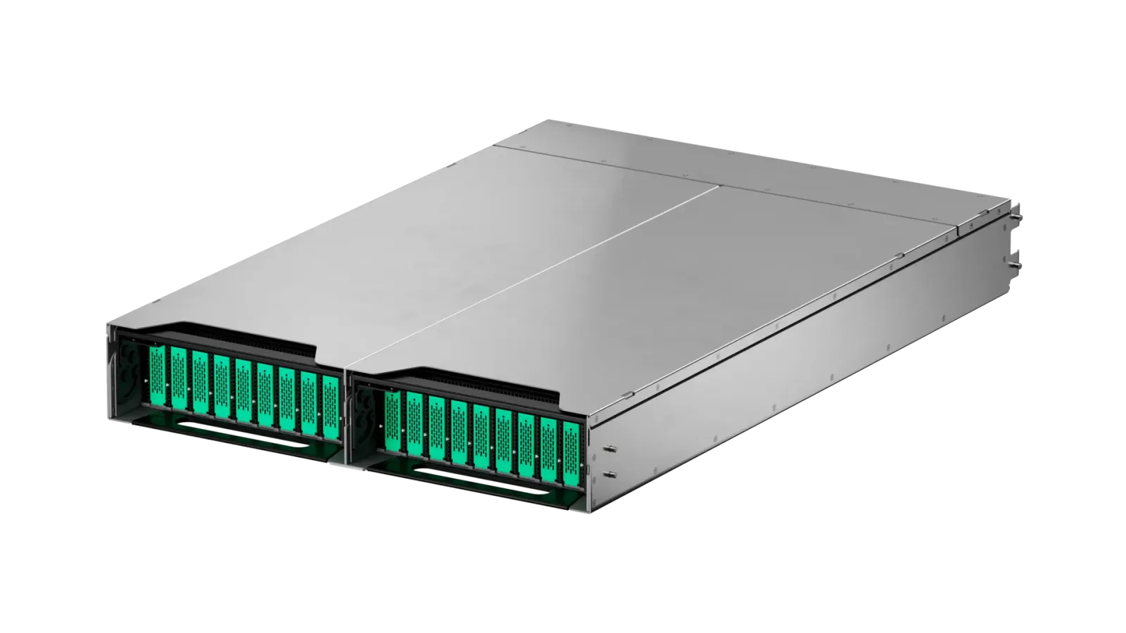 เครื่องคอมพิวต์ (sled) ของ Oxide ตัวเครื่องโลหะ ด้านหน้ามีช่องใส่ไดรฟ์ NVMe สีเขียวสองแถว