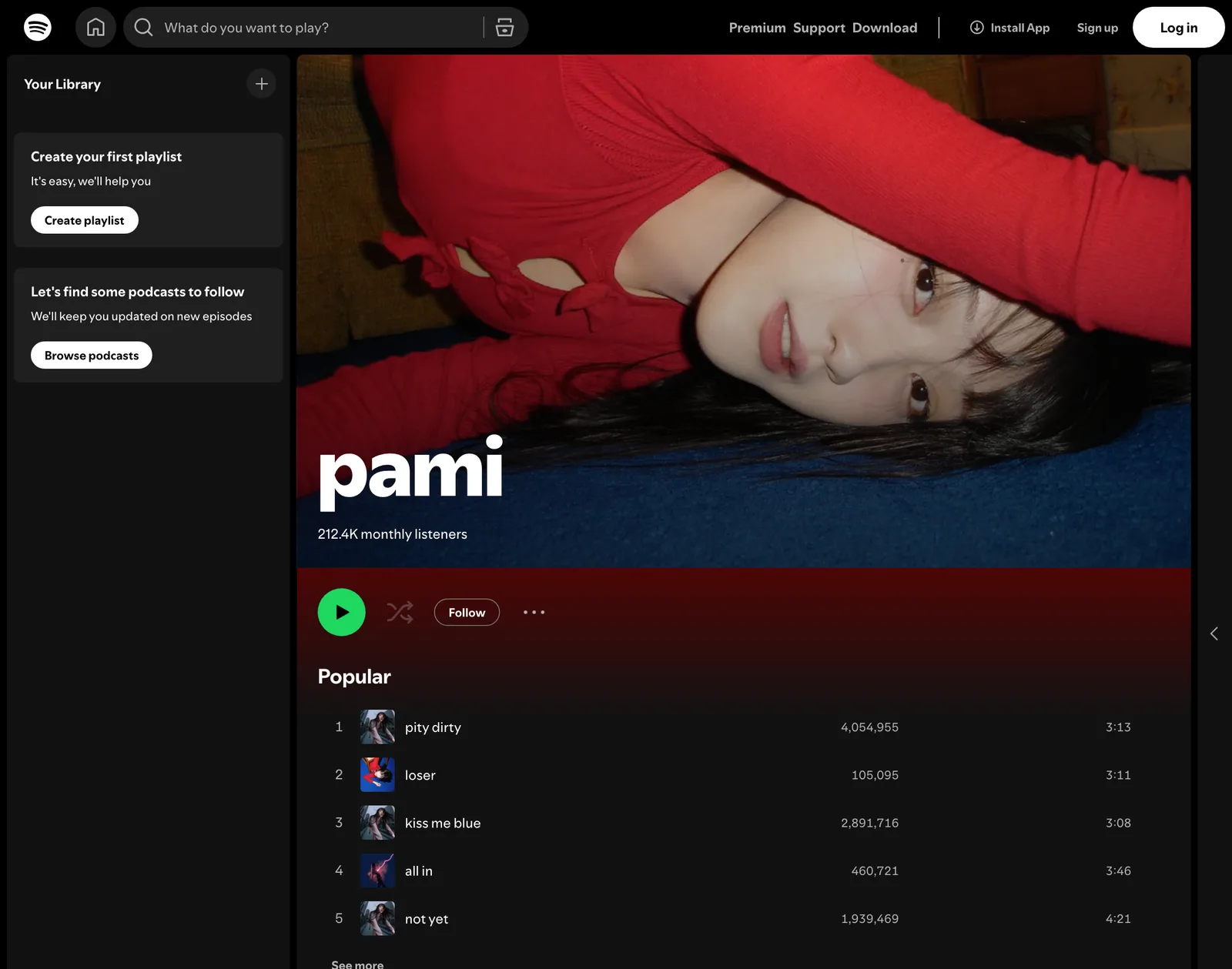 หน้าศิลปิน pami บน Spotify แสดงผู้ฟังรายเดือน 212.4K และรายการเพลงยอดนิยม 5 เพลงพร้อมยอดเล่น ณ 8 ตุลาคม 2026