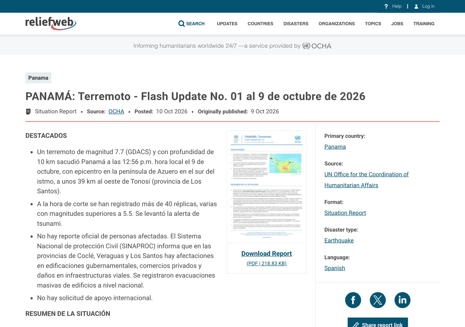 หน้ารายงาน PANAMÁ: Terremoto - Flash Update No. 01 ของ OCHA บน ReliefWeb ณ วันที่ 9 ตุลาคม 2026 สรุปความเสียหายจากแผ่นดินไหวปานามา