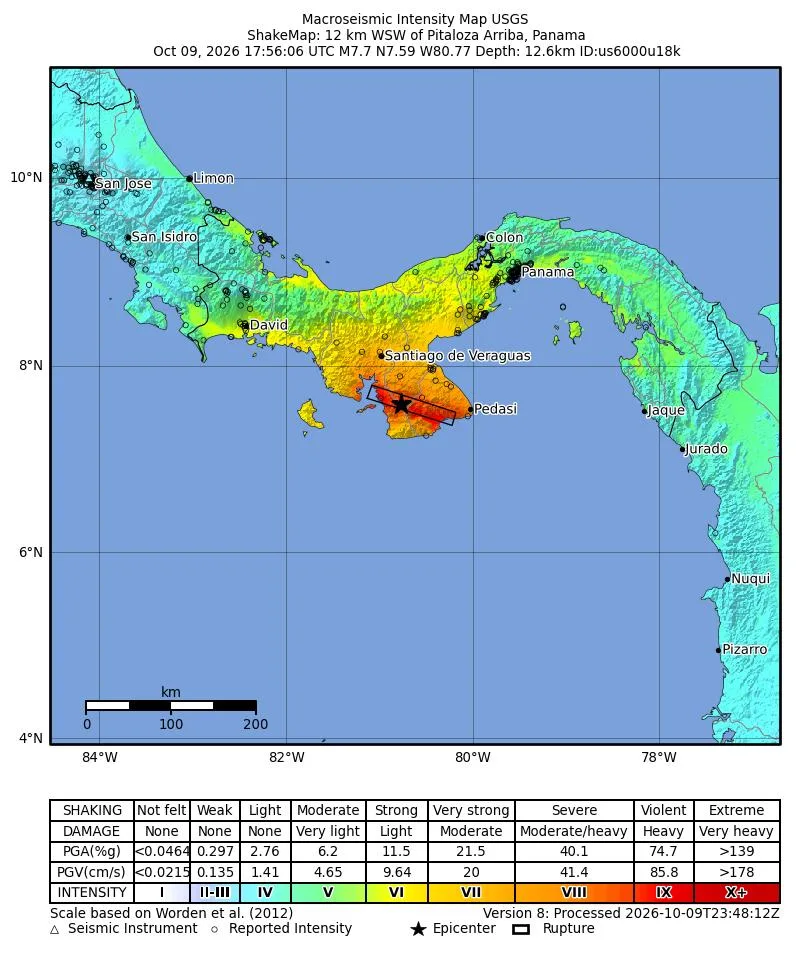 แผนที่ความรุนแรงของแรงสั่น (ShakeMap) ของ USGS แผ่นดินไหวปานามาขนาด 7.7 วันที่ 9 ตุลาคม 2026 ศูนย์กลางบนคาบสมุทร Azuero ลึก 12.6 กม.