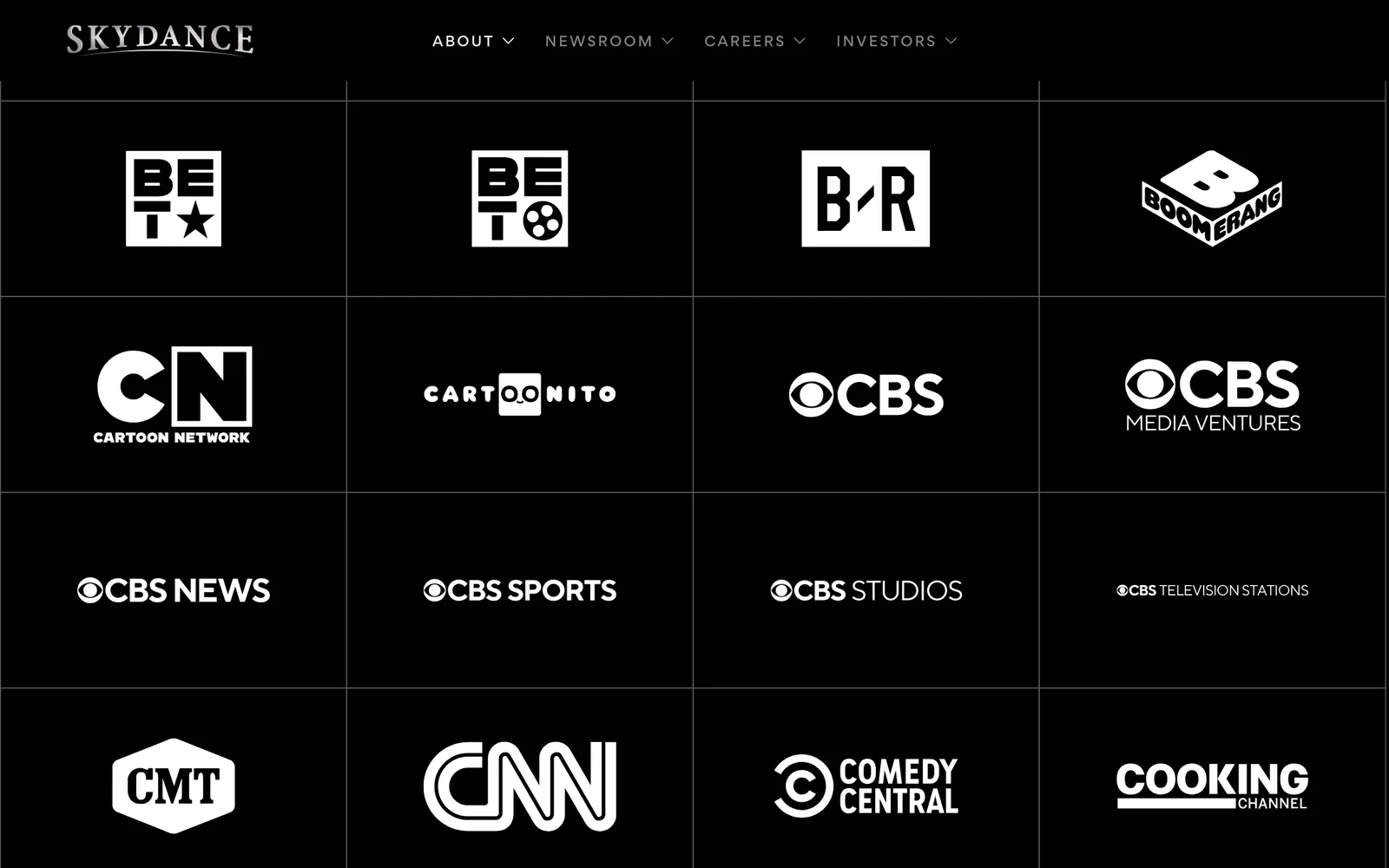 หน้ารวมแบรนด์ของ Skydance แสดงโลโก้ CNN, CBS News, CBS Sports, Cartoon Network, Comedy Central และ BET