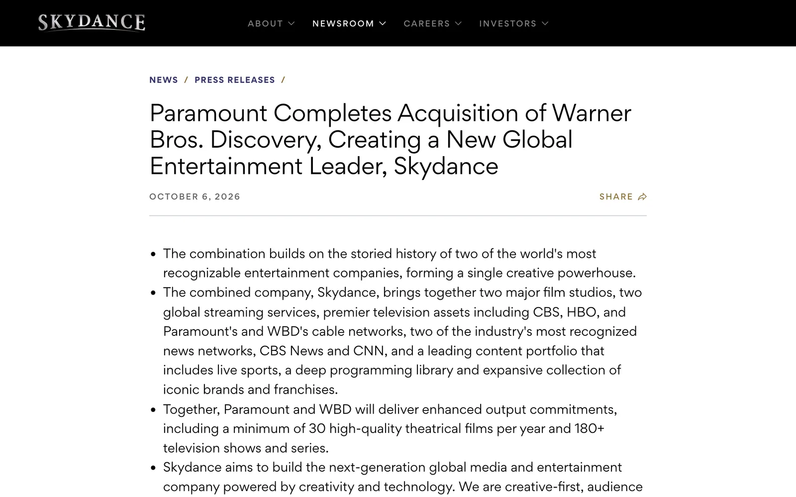 ประกาศของ Skydance ลงวันที่ 6 ตุลาคม 2026 เรื่อง Paramount ซื้อกิจการ Warner Bros. Discovery สำเร็จ