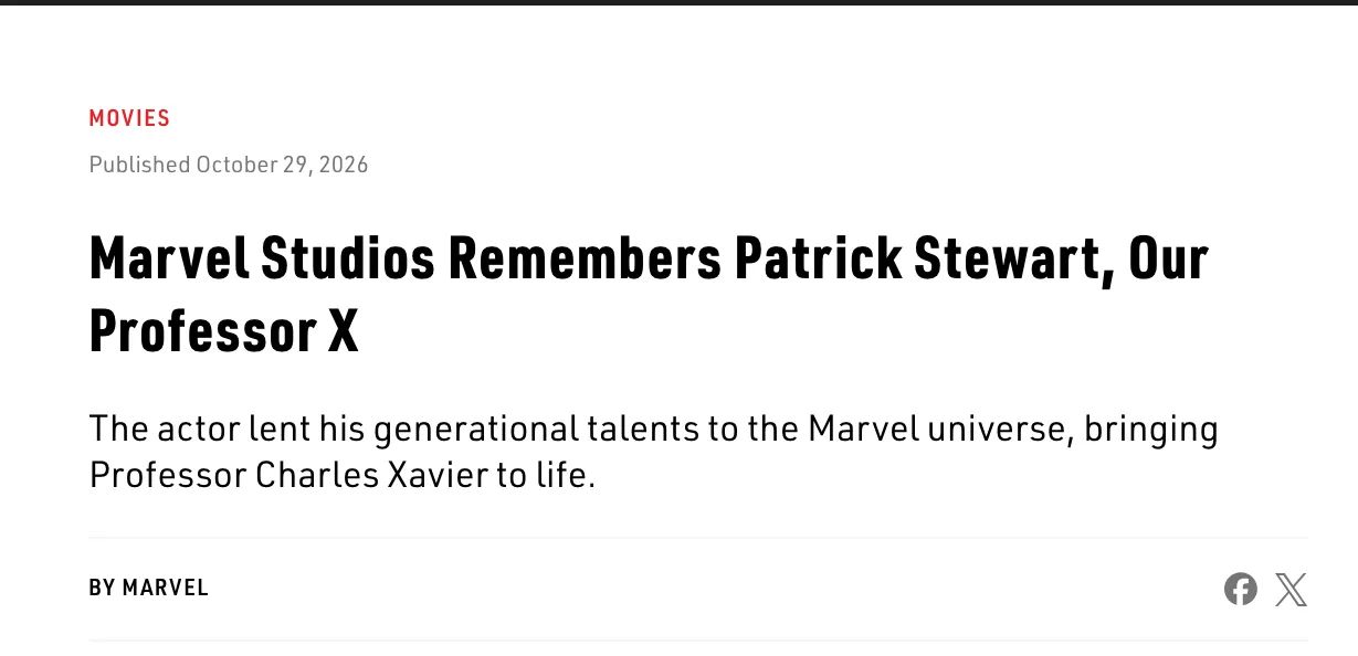 ภาพหน้าจอหน้าประกาศไว้อาลัยของ Marvel Studios หัวข้อ Marvel Studios Remembers Patrick Stewart, Our Professor X เผยแพร่ 29 ตุลาคม 2026