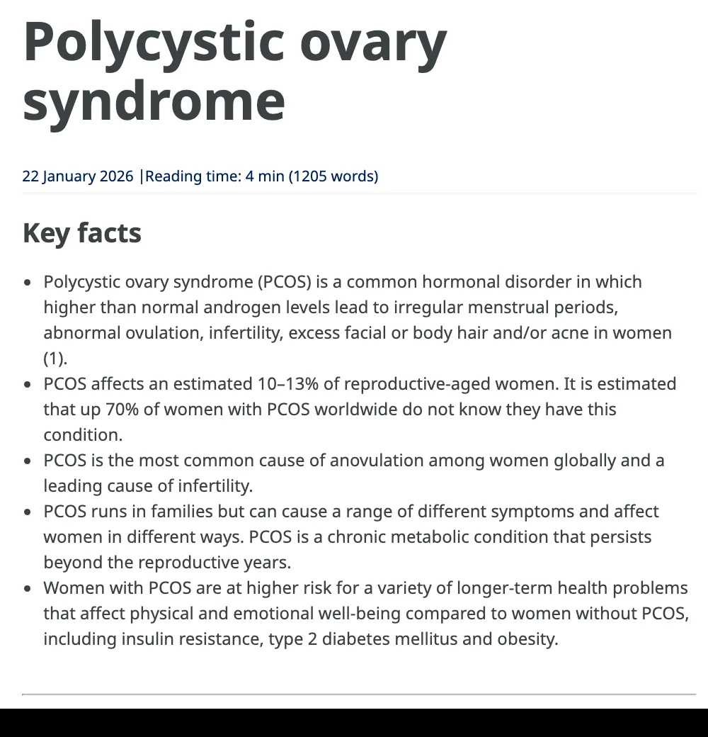 เอกสารข้อเท็จจริงของ WHO เรื่องภาวะถุงน้ำรังไข่หลายใบ (Polycystic ovary syndrome) ฉบับ 22 มกราคม 2026