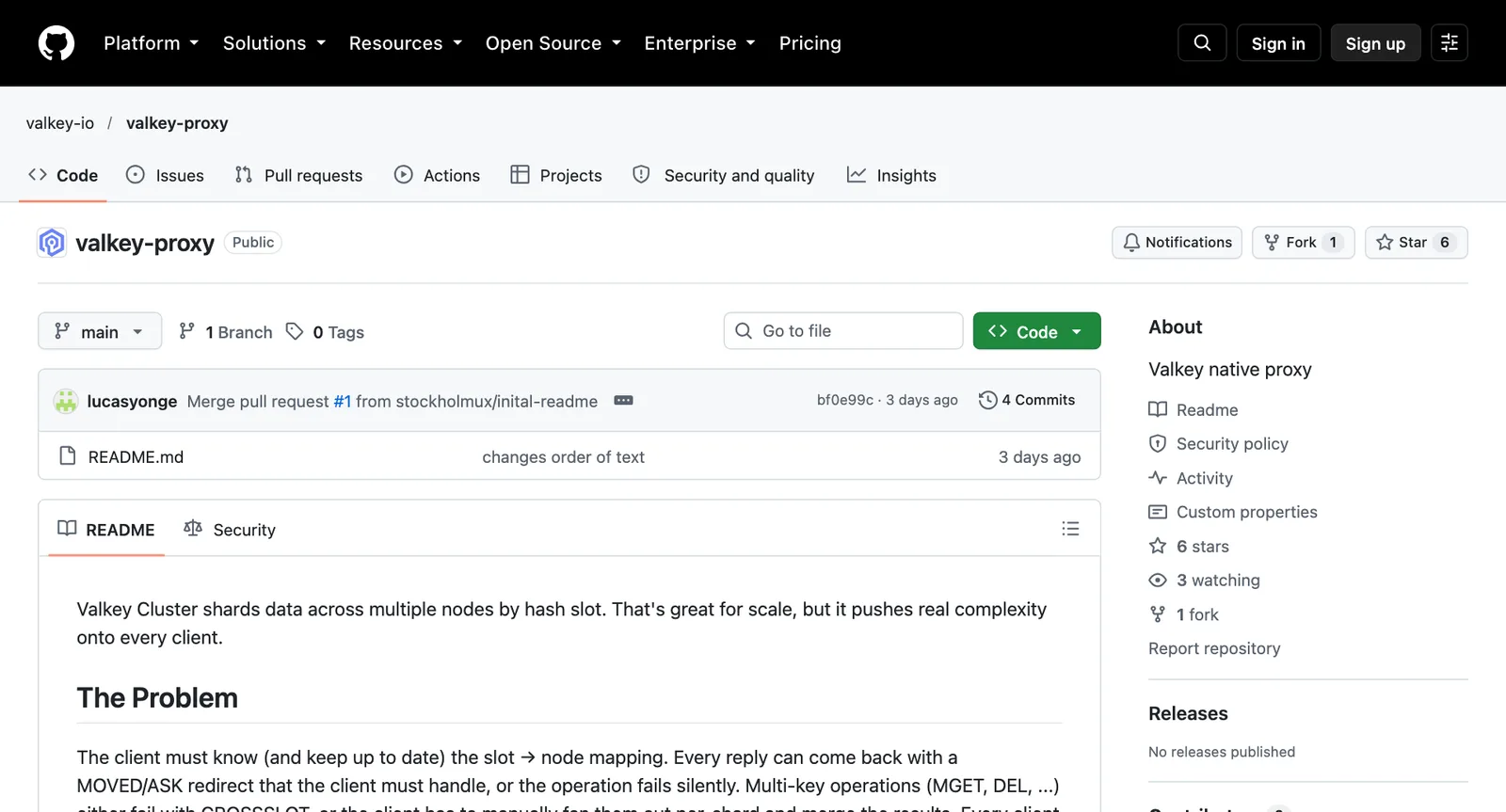 หน้า repository valkey-io/valkey-proxy บน GitHub คำอธิบาย Valkey native proxy มีไฟล์ README.md และย่อหน้า The Problem เรื่องความซับซ้อนของไคลเอนต์ในโหมดคลัสเตอร์