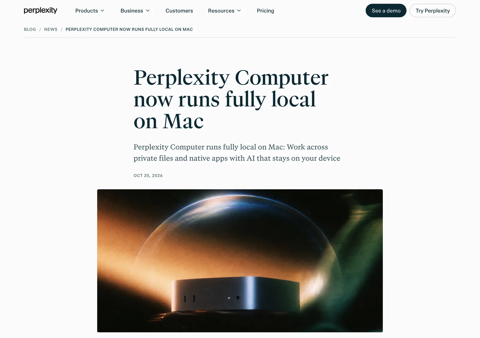 ประกาศ Perplexity Computer now runs fully local on Mac วันที่ 20 ตุลาคม 2026 พร้อมภาพประกอบ Mac mini