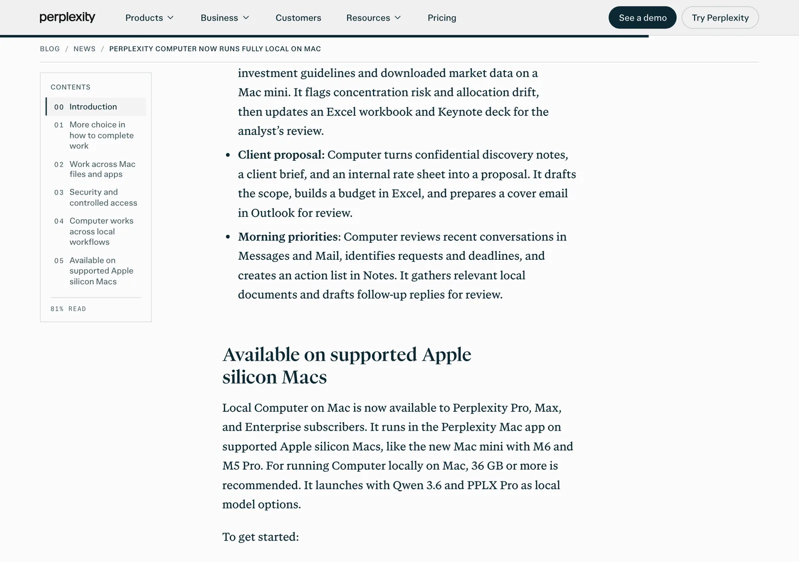 เงื่อนไข Perplexity Computer Mac แบบรันในเครื่อง: สมาชิก Pro, Max และ Enterprise บน Mac ชิป Apple silicon หน่วยความจำแนะนำ 36 GB ขึ้นไป