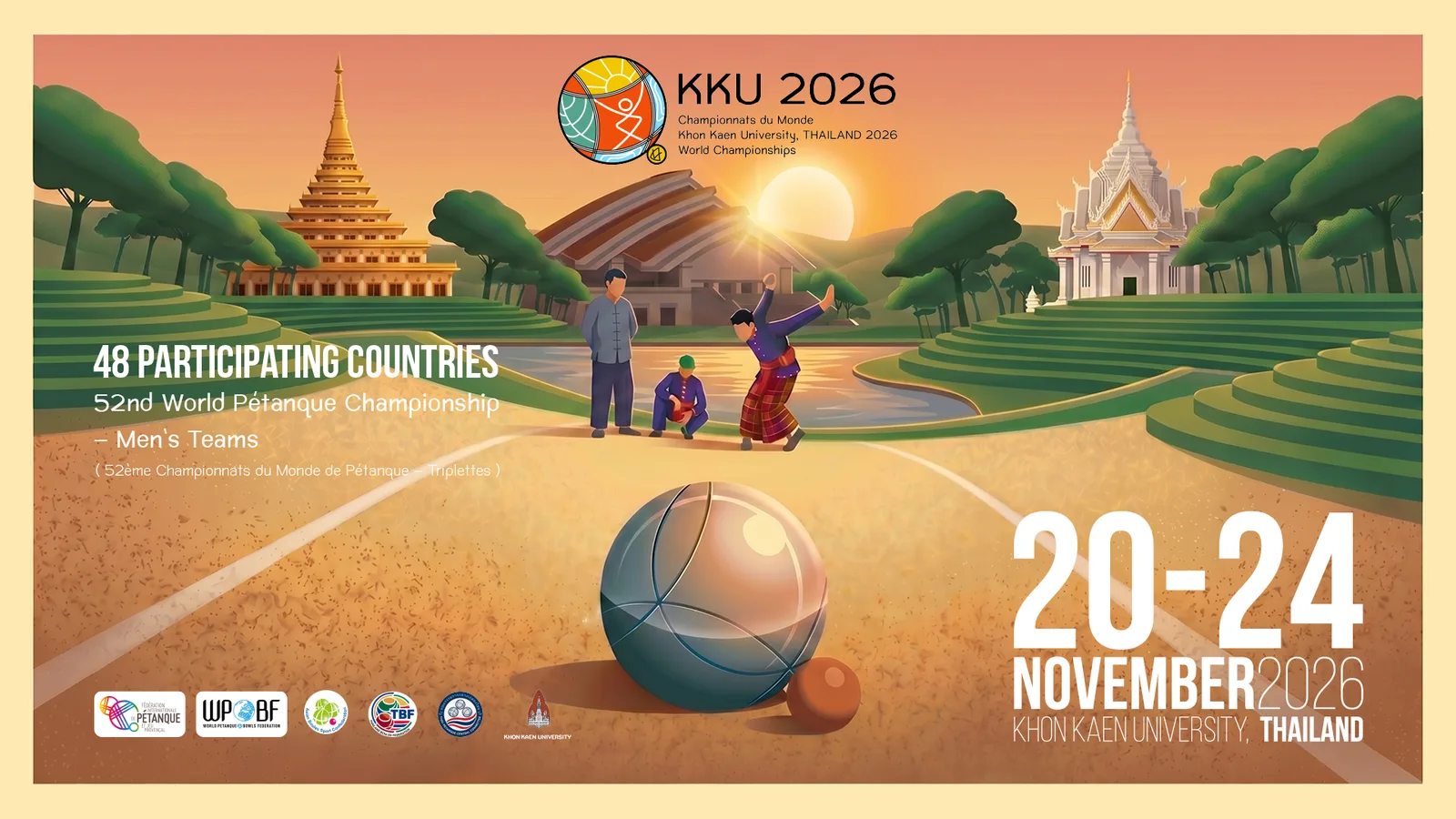 โปสเตอร์ทางการเปตองชิงแชมป์โลก 2026 ครั้งที่ 52 ประเภททีมชาย ภาพลูกเปตองกับลูกเป้าบนลาน ผู้เล่นในชุดพื้นเมืองอีสาน และข้อความ 48 ประเทศ 20–24 November 2026 Khon Kaen University
