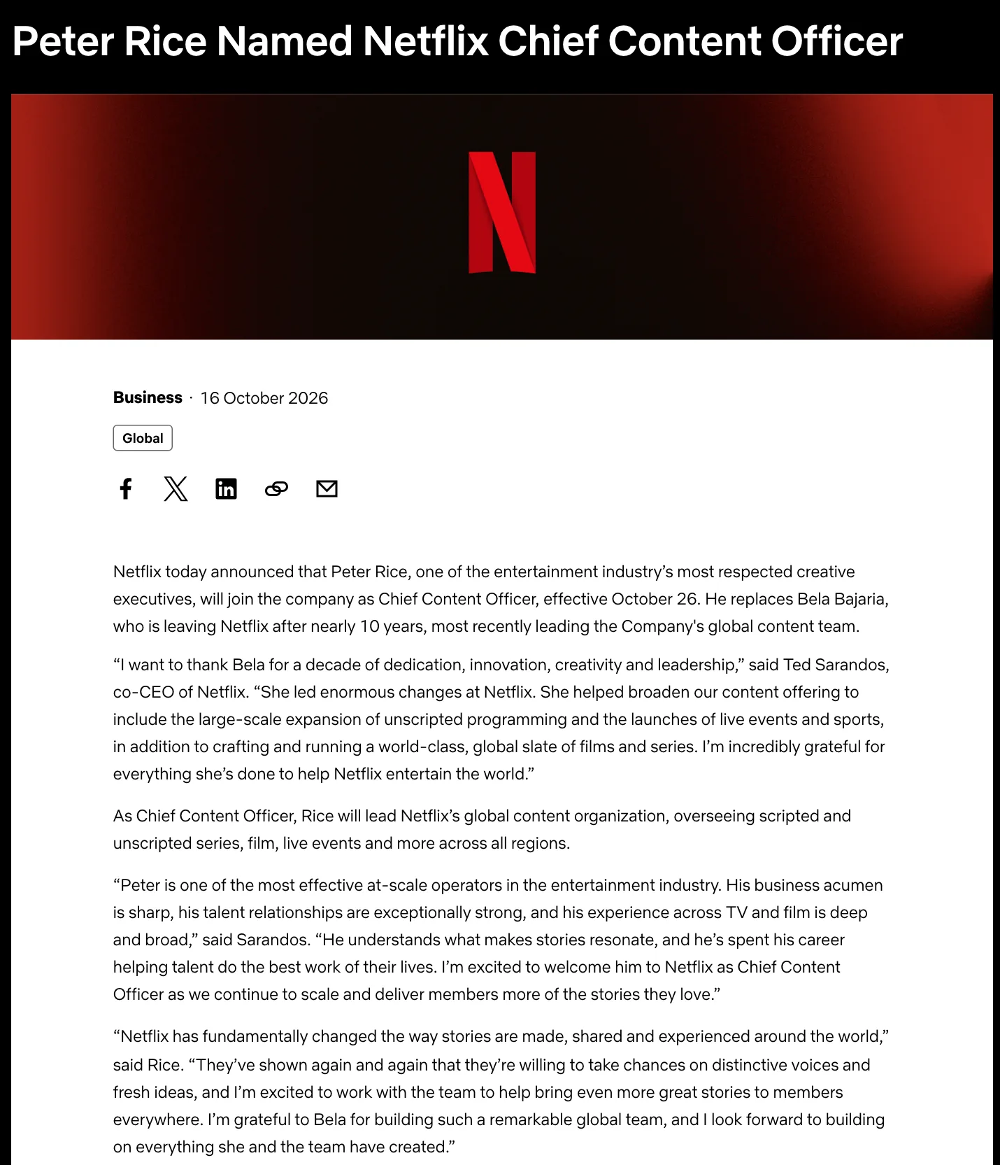 หน้าประกาศ Peter Rice Named Netflix Chief Content Officer บนเว็บไซต์ About Netflix ลงวันที่ 16 October 2026