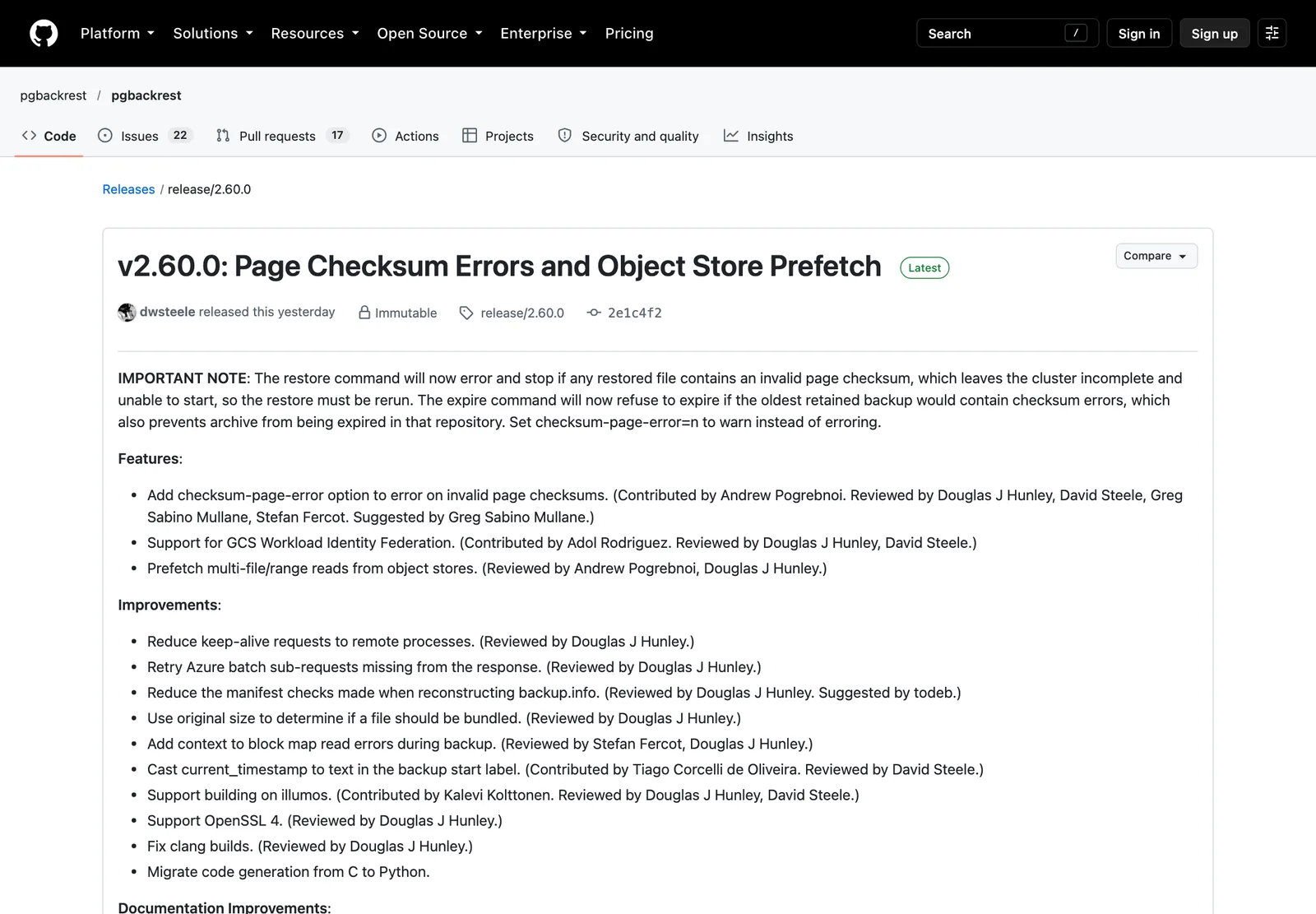 หน้า GitHub Release v2.60.0 Page Checksum Errors and Object Store Prefetch ของโปรเจกต์ pgbackrest