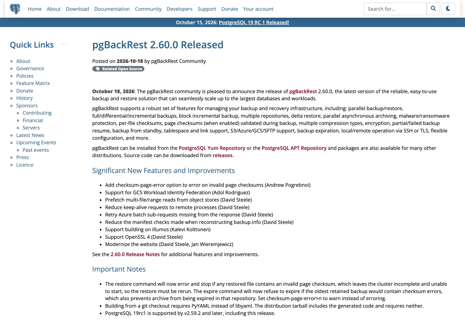 ประกาศ pgBackRest 2.60.0 Released บน postgresql.org โพสต์วันที่ 18 ตุลาคม 2026 โดย pgBackRest Community