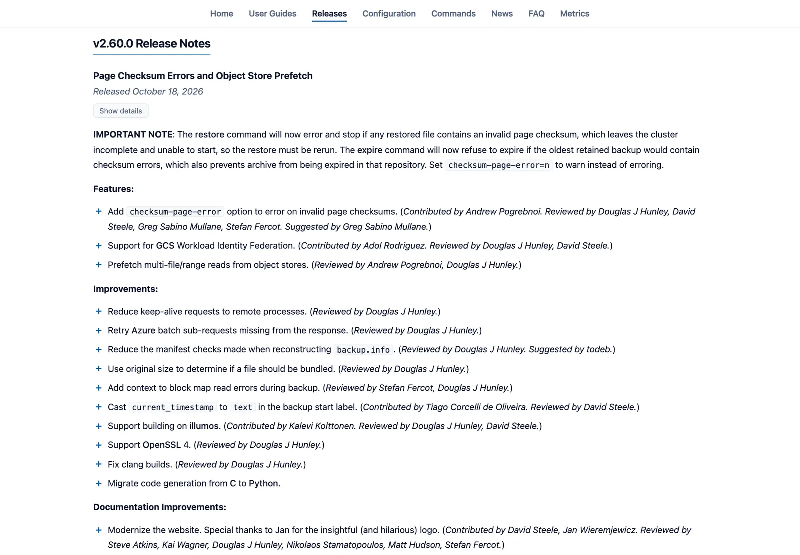 หน้า Release Notes ของ pgBackRest 2.60 รุ่น v2.60.0 พร้อมหมายเหตุสำคัญเรื่อง restore และ expire เมื่อเจอ page checksum ไม่ถูกต้อง