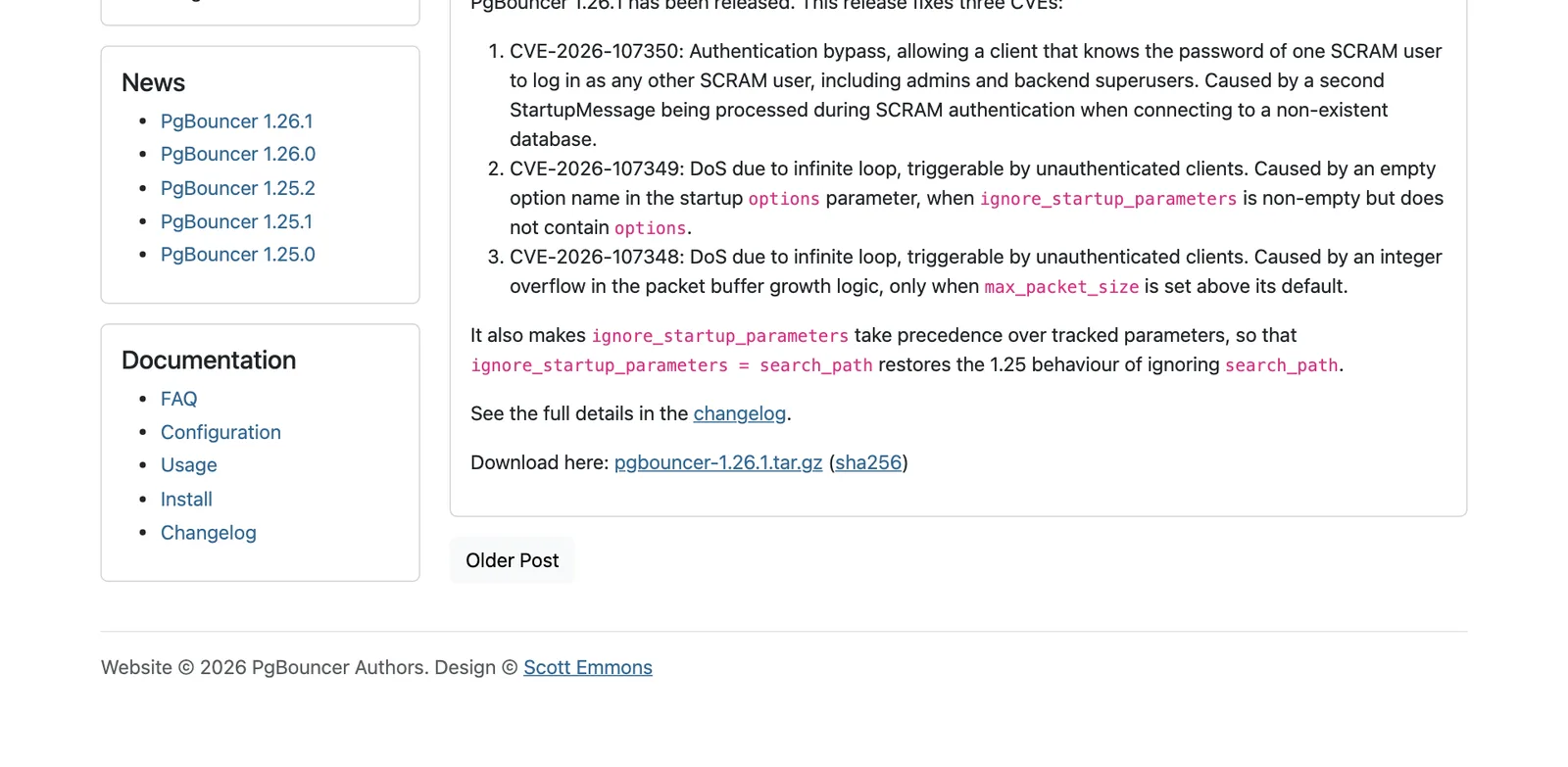 หน้าประกาศ PgBouncer 1.26.1 บน pgbouncer.org ลงวันที่ 14 ตุลาคม 2026 รายการช่องโหว่ CVE-2026-107350, CVE-2026-107349 และ CVE-2026-107348