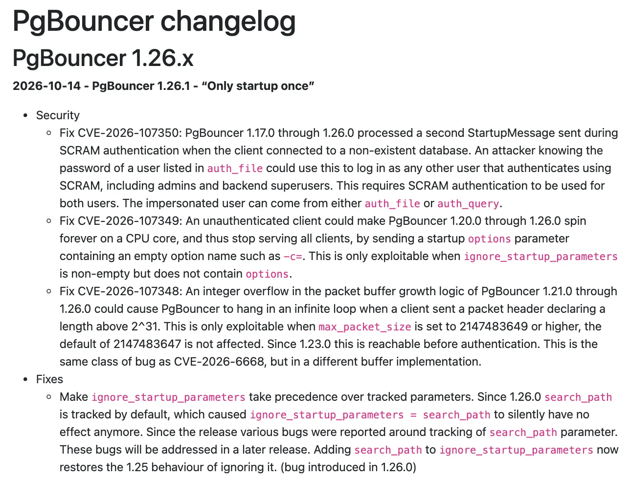 changelog ของ PgBouncer ส่วน 1.26.1 ระบุว่า CVE-2026-107350 กระทบ 1.17.0 ถึง 1.26.0 และส่วน 1.26.0 วันที่ 23 กันยายน 2026