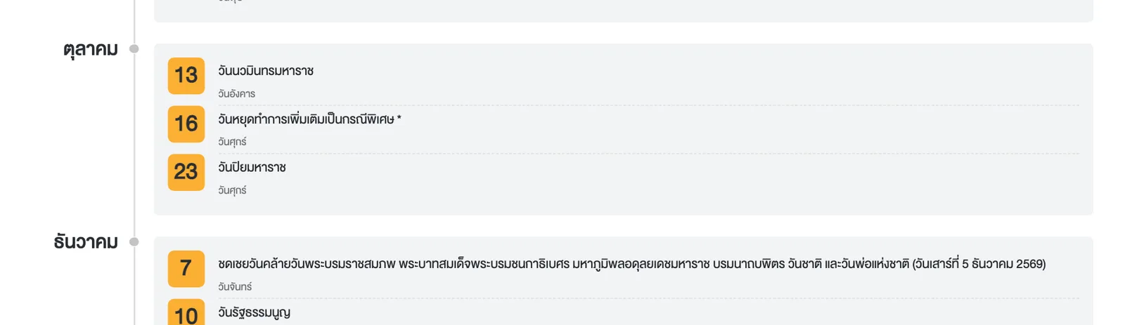 ปฏิทินวันหยุดปี 2569 ของตลาดหลักทรัพย์แห่งประเทศไทย เดือนตุลาคม: 13 วันนวมินทรมหาราช 16 วันหยุดทำการเพิ่มเติมเป็นกรณีพิเศษ และ 23 วันปิยมหาราช