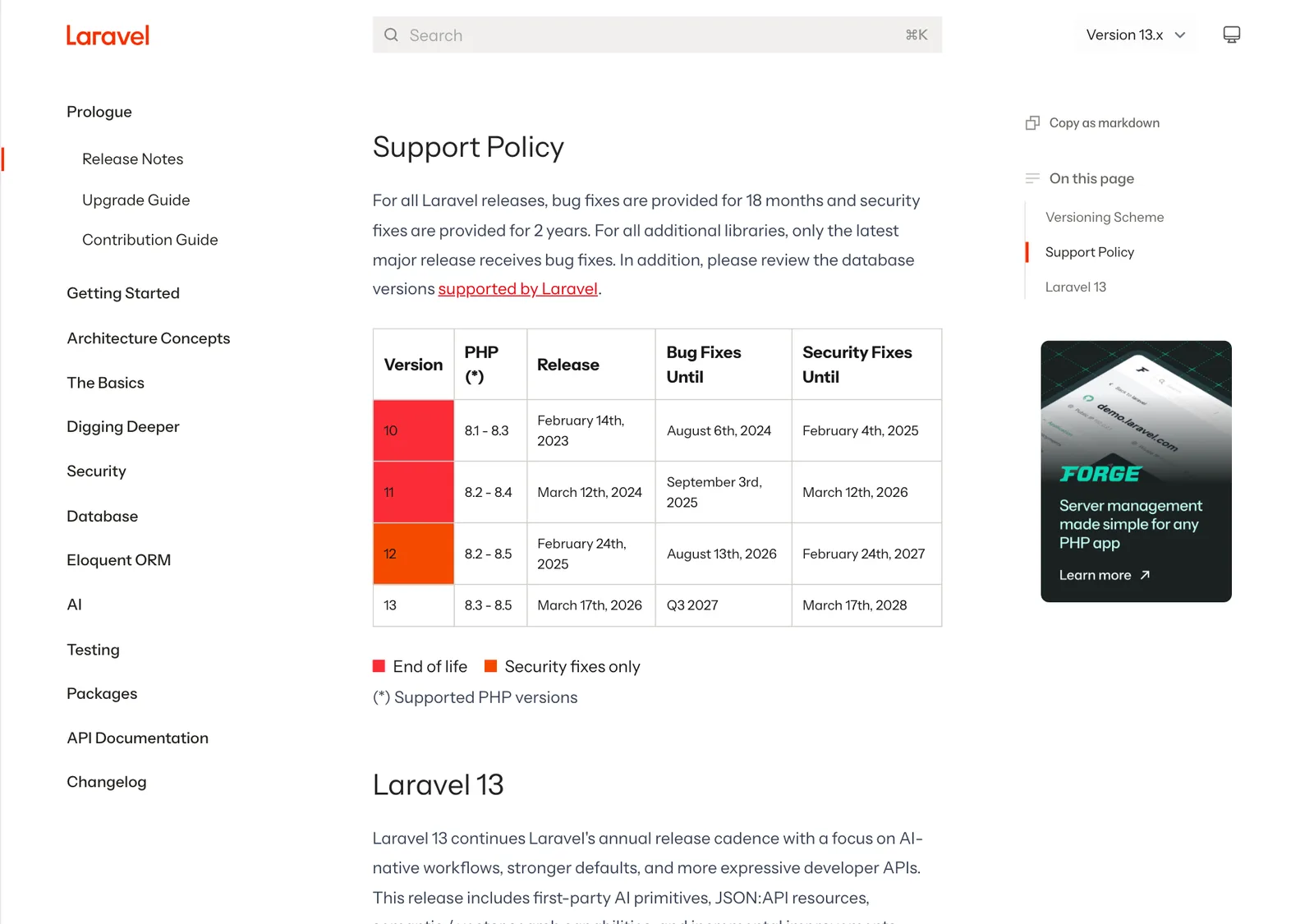 ตาราง Support Policy ของ Laravel แสดง Laravel 12 รองรับ PHP 8.2 ถึง 8.5 แพตช์ความปลอดภัยถึง 24 กุมภาพันธ์ 2027 และ Laravel 13 รองรับ PHP 8.3 ถึง 8.5