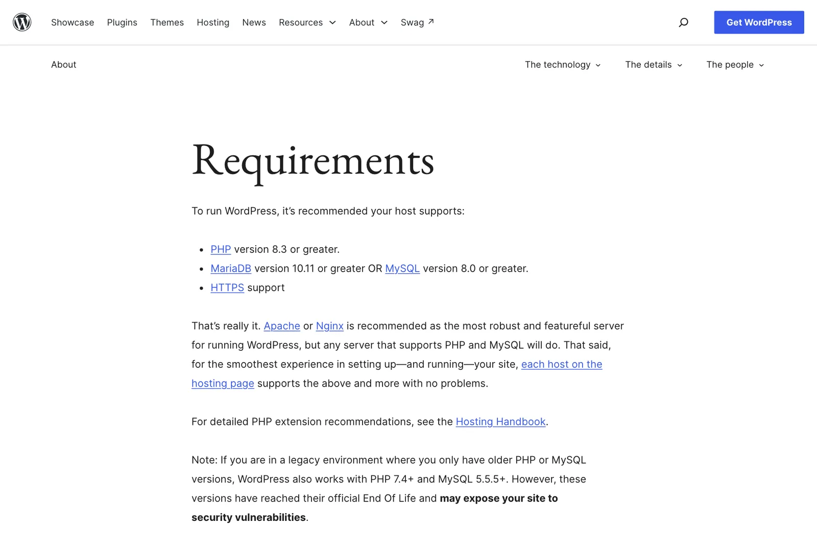 หน้า Requirements ของ WordPress.org แนะนำ PHP 8.3 ขึ้นไป MariaDB 10.11 หรือ MySQL 8.0 ขึ้นไป และ HTTPS