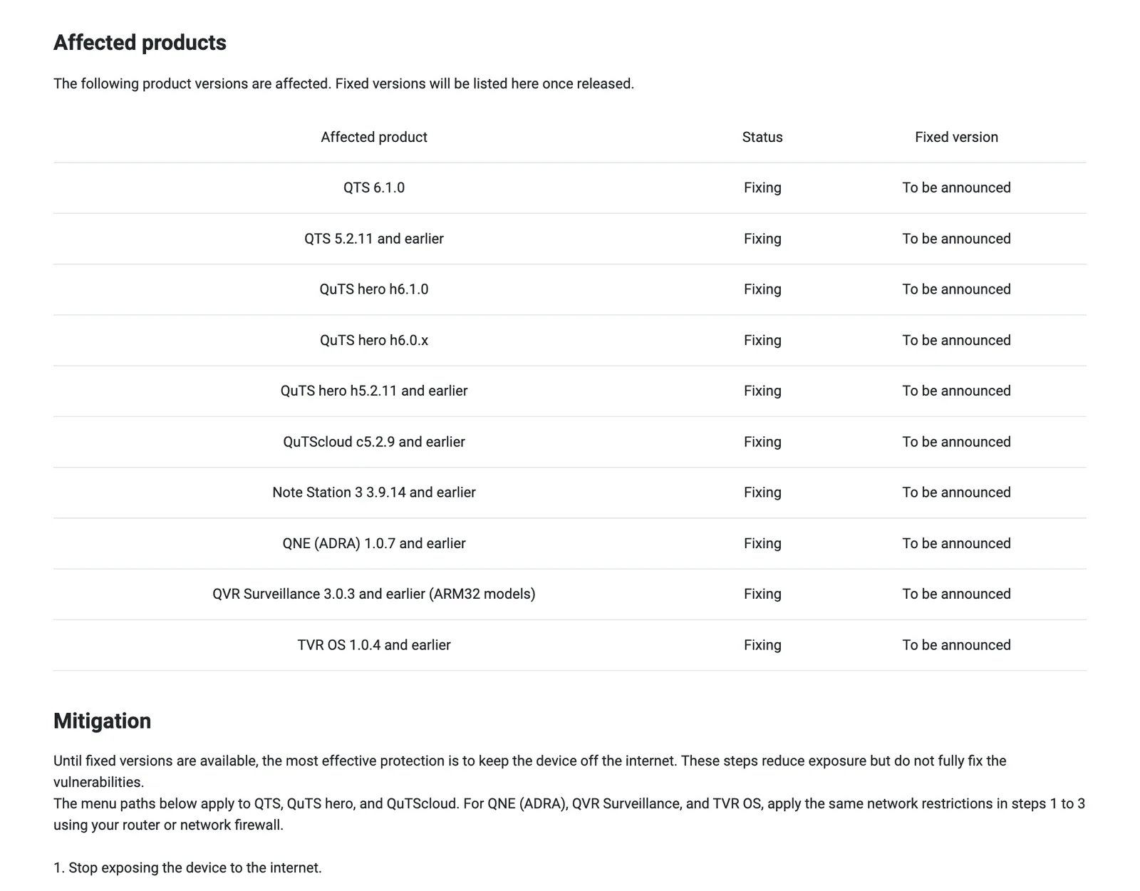 ตาราง Affected products ในประกาศ QNAP QSA-26-18 เรื่อง PHP2Shell ในอุปกรณ์ NAS: QTS, QuTS hero, QuTScloud, Note Station 3, QNE, QVR Surveillance และ TVR OS อยู่ในสถานะ Fixing รุ่นแก้ To be announced