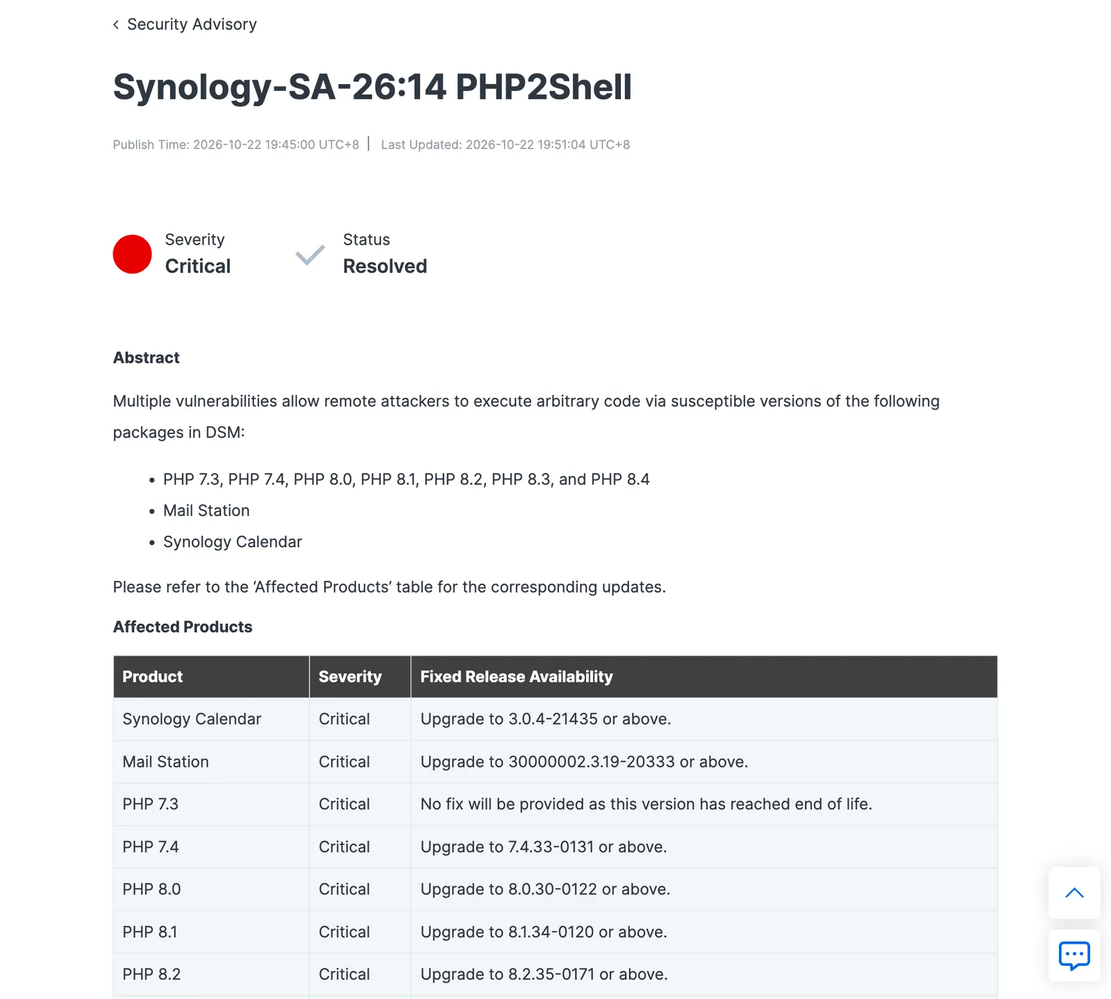 ประกาศ Synology-SA-26:14 PHP2Shell เผยแพร่ 22 ตุลาคม 2026 ระดับ Critical สถานะ Resolved พร้อมตารางรุ่นที่ต้องอัปเดตของ Synology Calendar, Mail Station และแพ็กเกจ PHP 7.3 ถึง 8.4