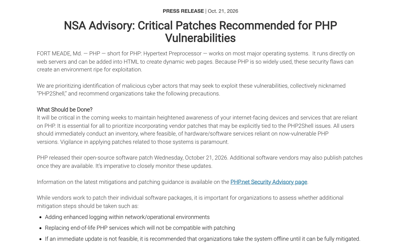 ประกาศของ NSA วันที่ 21 ตุลาคม 2026 หัวข้อ NSA Advisory: Critical Patches Recommended for PHP Vulnerabilities แนะนำให้นำระบบออฟไลน์จนกว่าจะแก้ครบถ้าอัปเดตทันทีไม่ได้