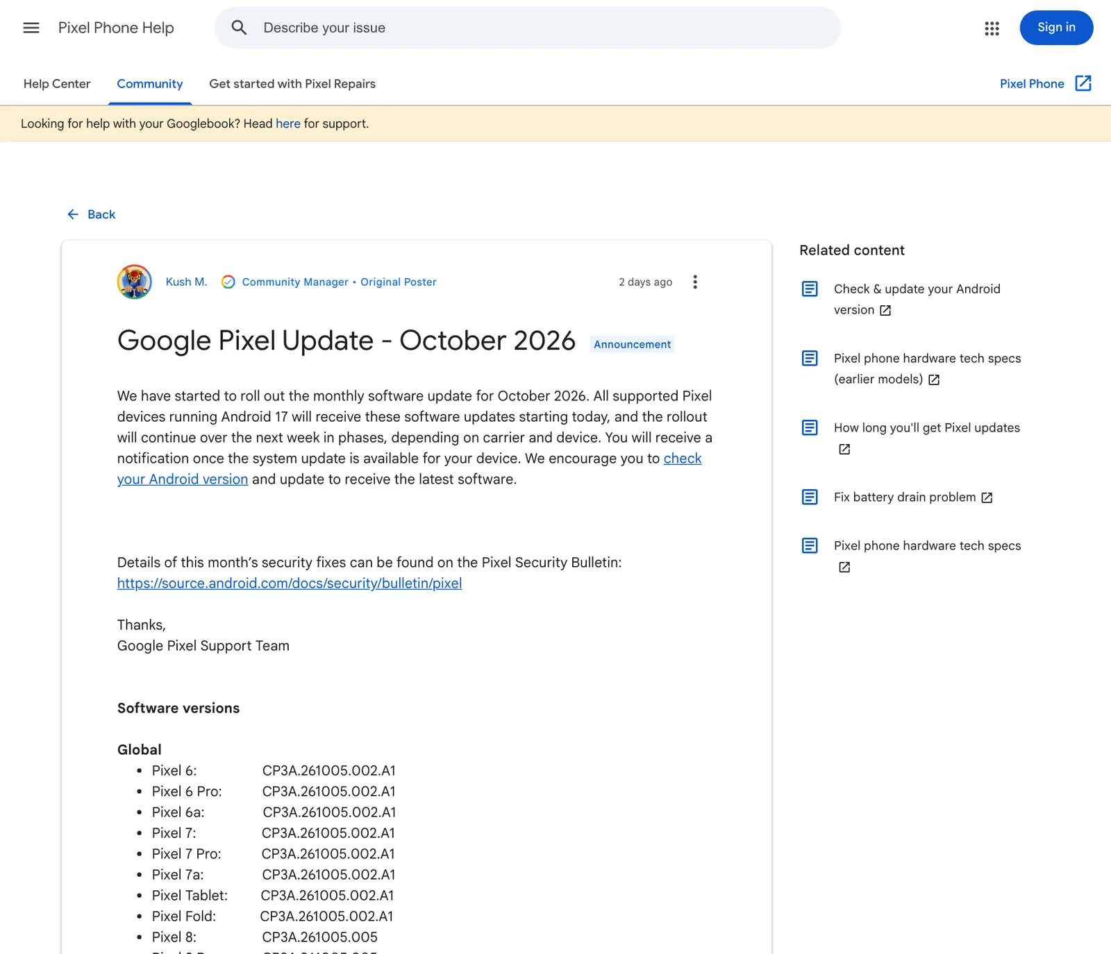 ประกาศ Google Pixel Update - October 2026 ในชุมชน Pixel แสดงบิลด์ CP3A.261005.002.A1 สำหรับ Pixel 6 และ Pixel 6 Pro