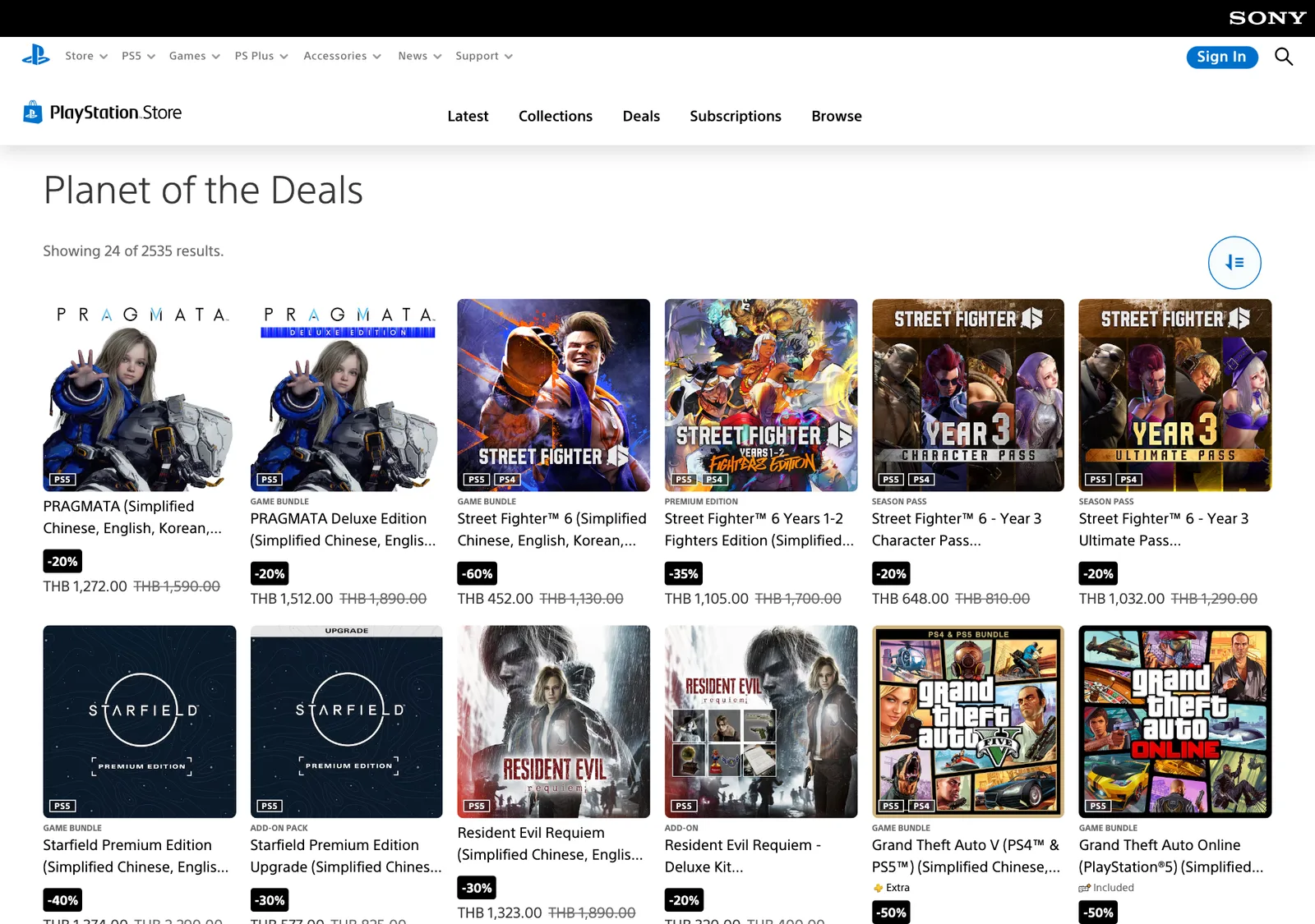 ภาพหน้าจอหมวด Planet of the Deals ใน PS Store ภูมิภาคไทย 22 ตุลาคม 2026 แสดง 2,535 รายการและราคาเป็นเงินบาท
