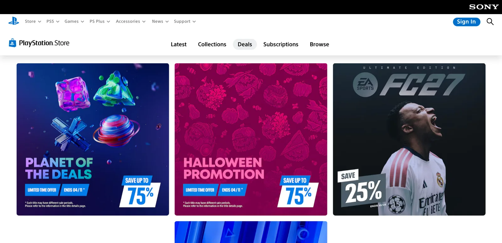 ภาพหน้าจอหน้า Deals ของ PS Store ภูมิภาคไทย 22 ตุลาคม 2026 แสดงโปร Planet of the Deals, Halloween Promotion และ EA SPORTS FC 27