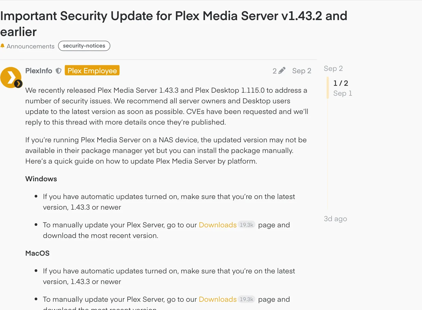 ประกาศแรกของ Plex เรื่องอัปเดตความปลอดภัยสำหรับ Plex Media Server 1.43.2 และเก่ากว่า แนะนำให้อัปเดตเป็น 1.43.3 และบอกว่าผู้ใช้ NAS อาจต้องติดตั้งแพ็กเกจเอง