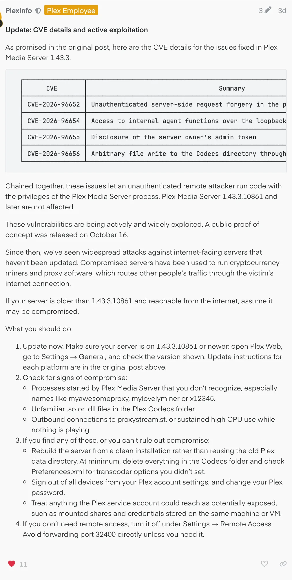 ช่องโหว่ Plex ทั้ง 4 รายการในประกาศอัปเดตของ Plex บนฟอรัมทางการ พร้อมเวอร์ชันที่ปลอดภัย 1.43.3.10861 และขั้นตอนที่เจ้าของเซิร์ฟเวอร์ควรทำ