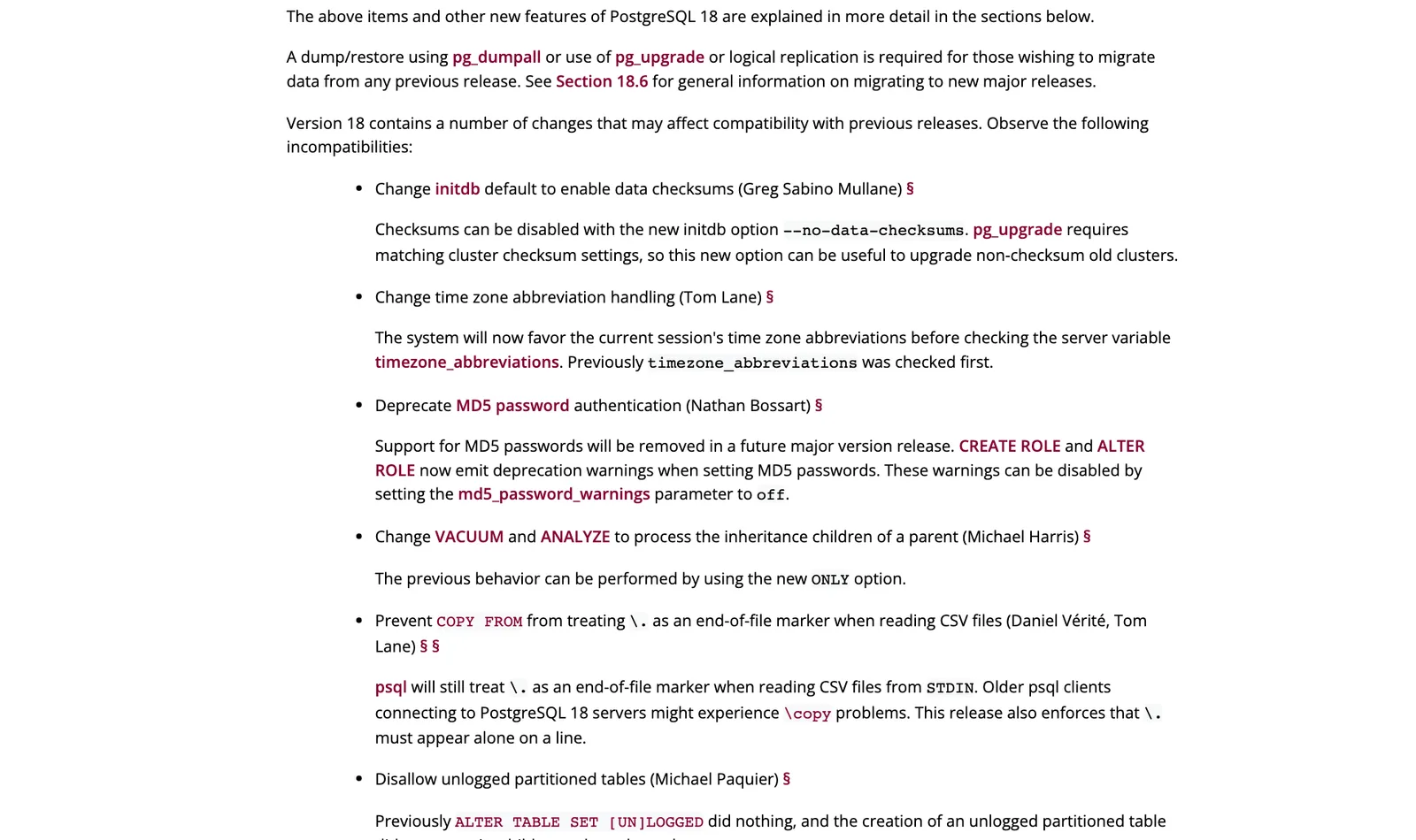 ส่วนการเปลี่ยนแปลงที่กระทบความเข้ากันได้ใน PostgreSQL 18 Release Notes