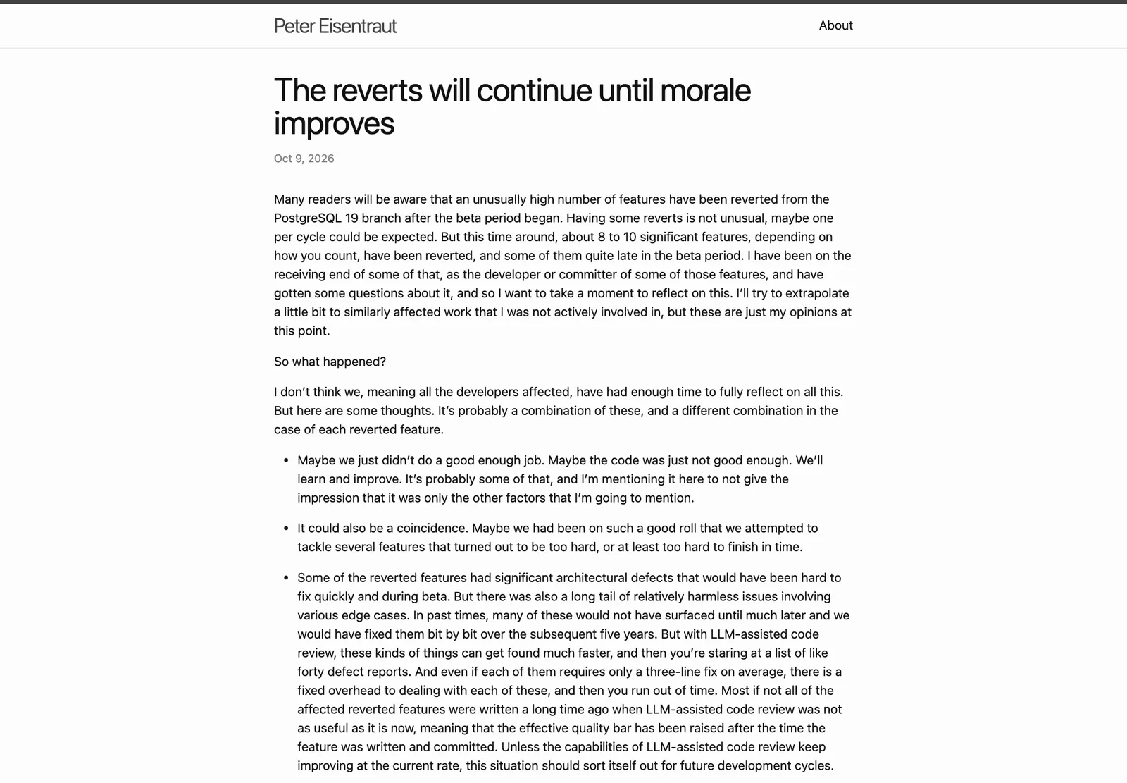บล็อก The reverts will continue until morale improves ของ Peter Eisentraut วันที่ 9 ตุลาคม 2026 เรื่องฟีเจอร์ราว 8 ถึง 10 รายการที่ถูกถอดจาก PostgreSQL 19