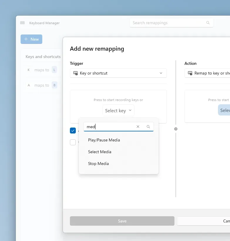 หน้าต่าง Add new remapping ของ Keyboard Manager ใน PowerToys 0.102 พร้อมตัวเลือกปุ่มที่ค้นหาได้