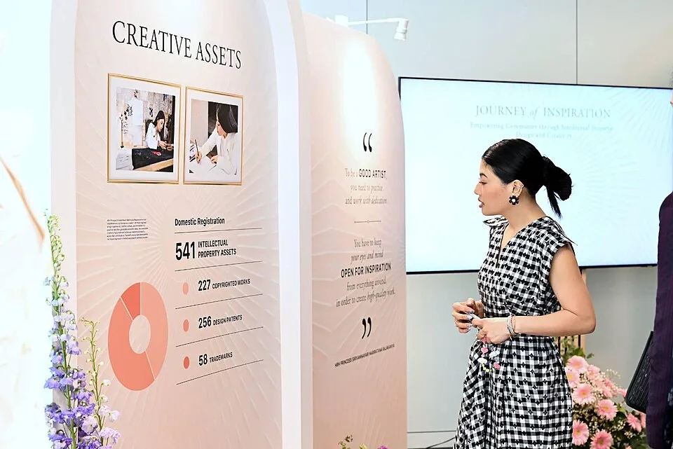 นิทรรศการที่สำนักงานใหญ่ WIPO นครเจนีวา วันที่ 28 พฤษภาคม 2569 ป้ายในภาพแสดงตัวเลขทรัพย์สินทางปัญญา 541 รายการ