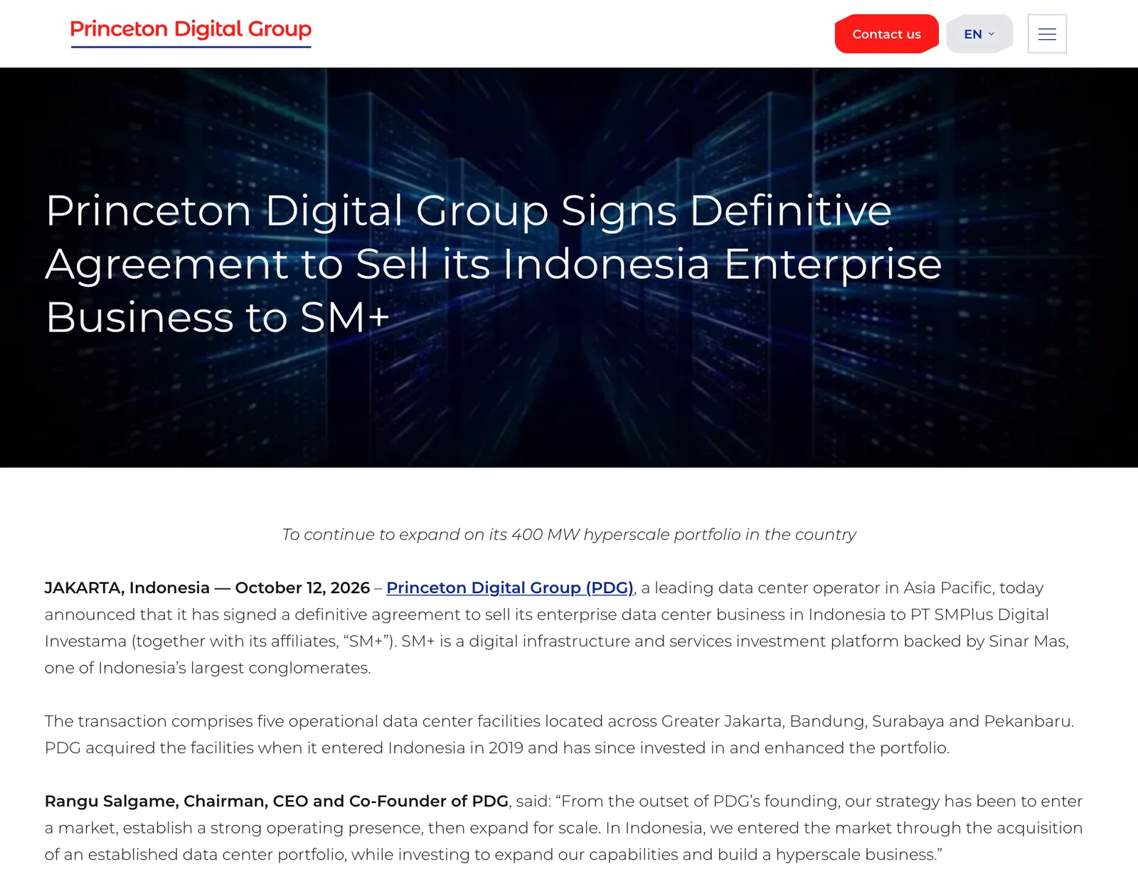 ภาพหน้าจอประกาศของ Princeton Digital Group ลงวันที่ 12 ตุลาคม 2026 เรื่องลงนามสัญญาขายธุรกิจดาต้าเซ็นเตอร์สำหรับองค์กรในอินโดนีเซียให้ SM+ เพื่อขยายพอร์ตไฮเปอร์สเกล 400 MW