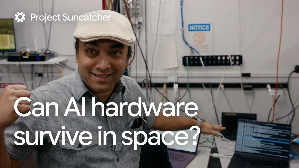 ชายสวมหมวกในห้องแล็บข้างแล็ปท็อป ในภาพปกวิดีโอชุด Project Suncatcher หัวข้อ Can AI hardware survive in space