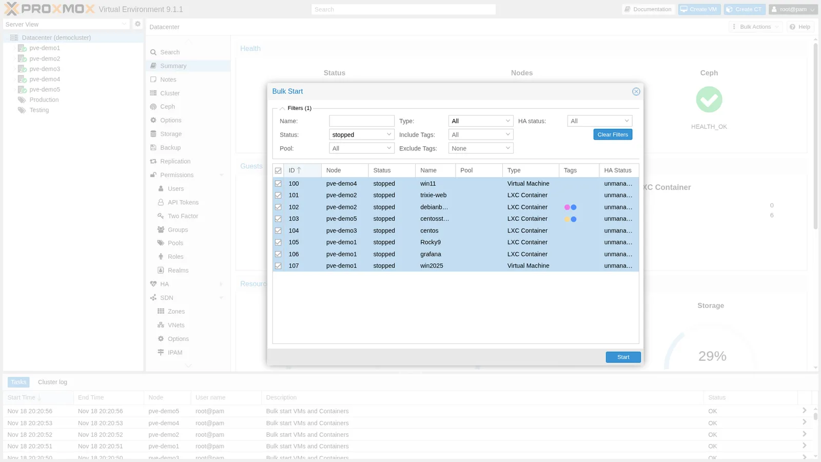 หน้าจอ Bulk Actions ระดับ Datacenter ใน Proxmox VE 9.1