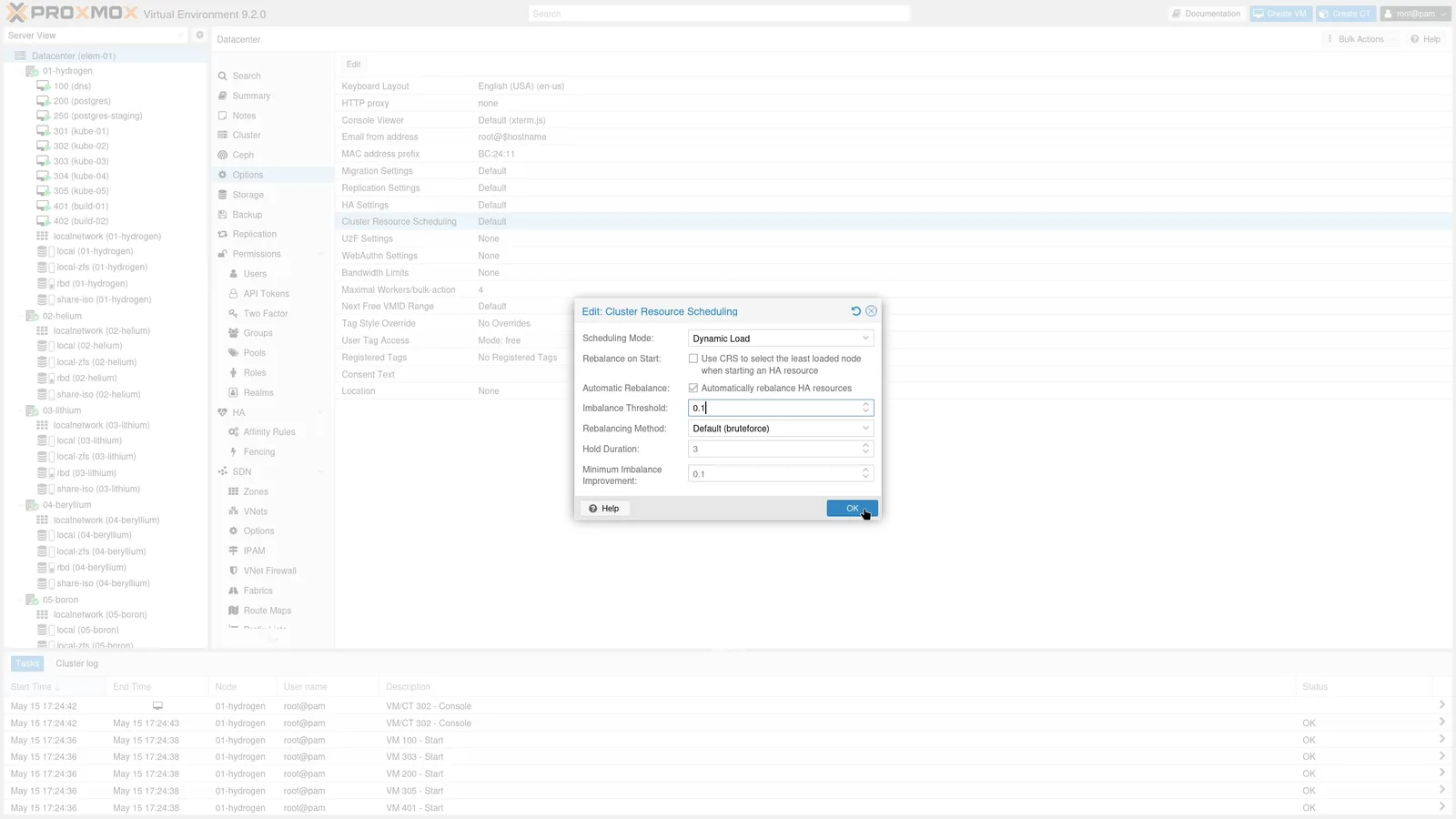 หน้าจอ Dynamic Load Balancer ใน Proxmox VE 9.2