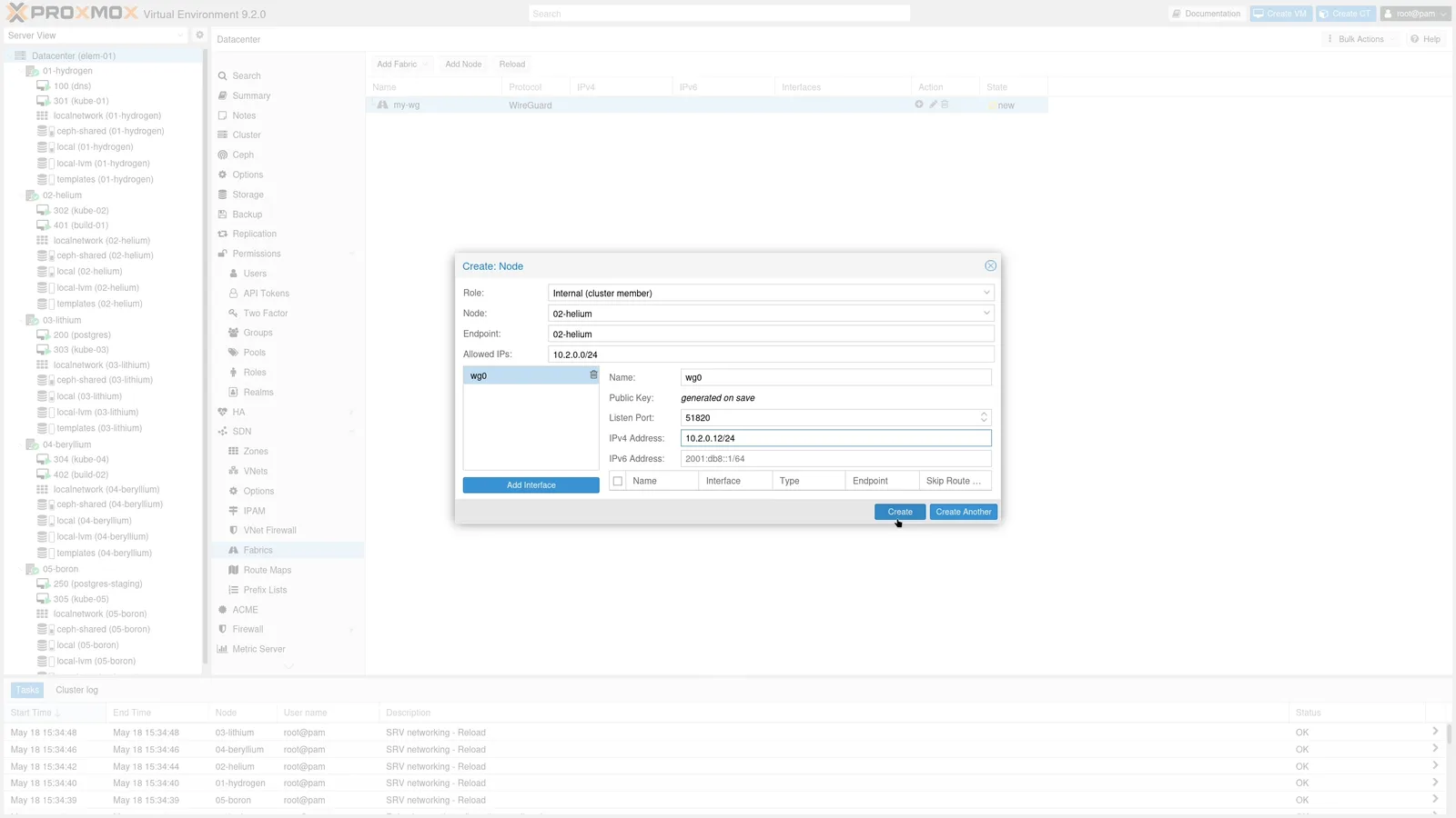 หน้าจอ SDN WireGuard Fabrics ใน Proxmox VE 9.2