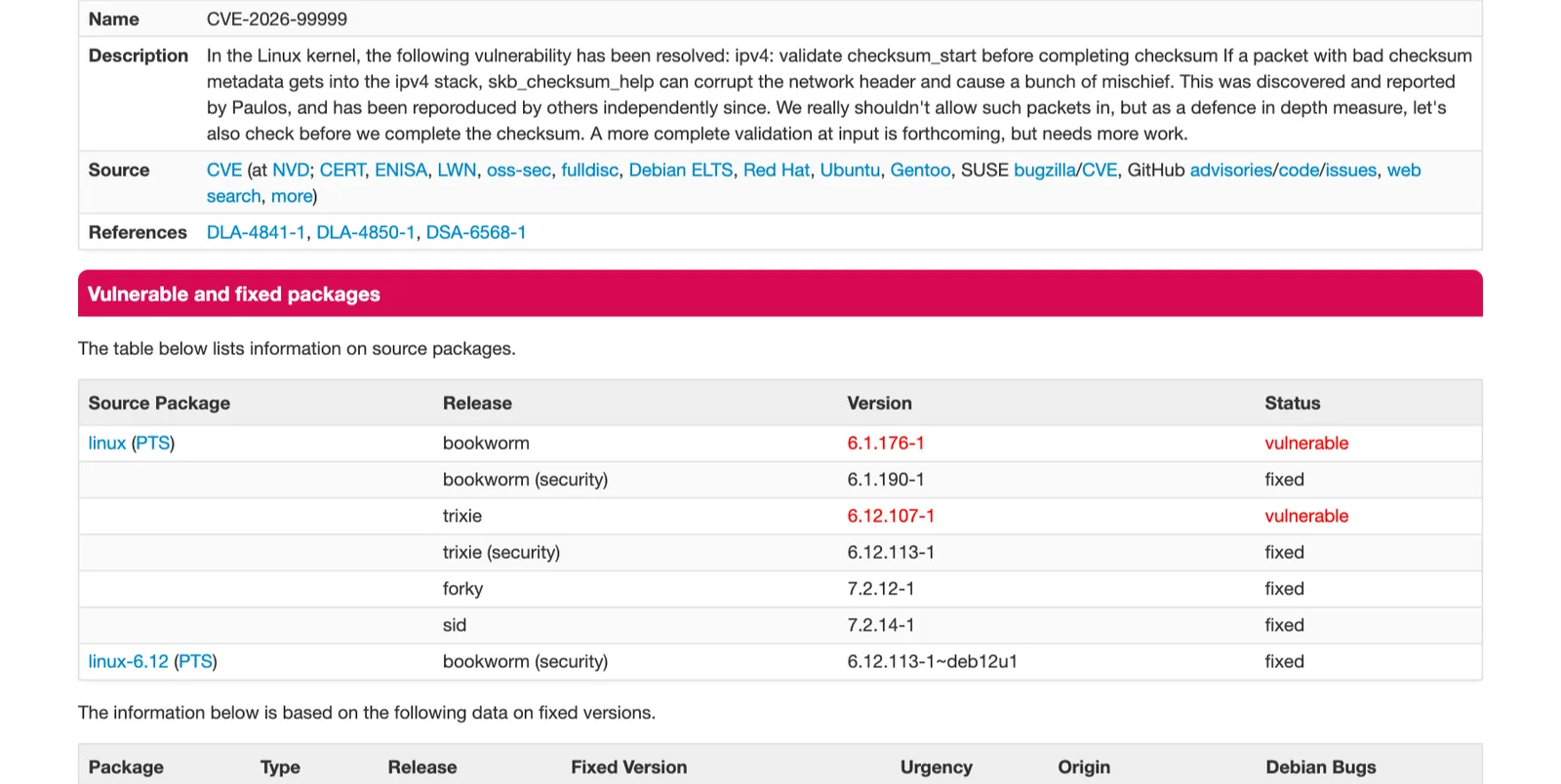 ตาราง Vulnerable and fixed packages ของ CVE-2026-99999 บน Debian Security Tracker แสดง bookworm และ trixie รุ่น security เป็น fixed
