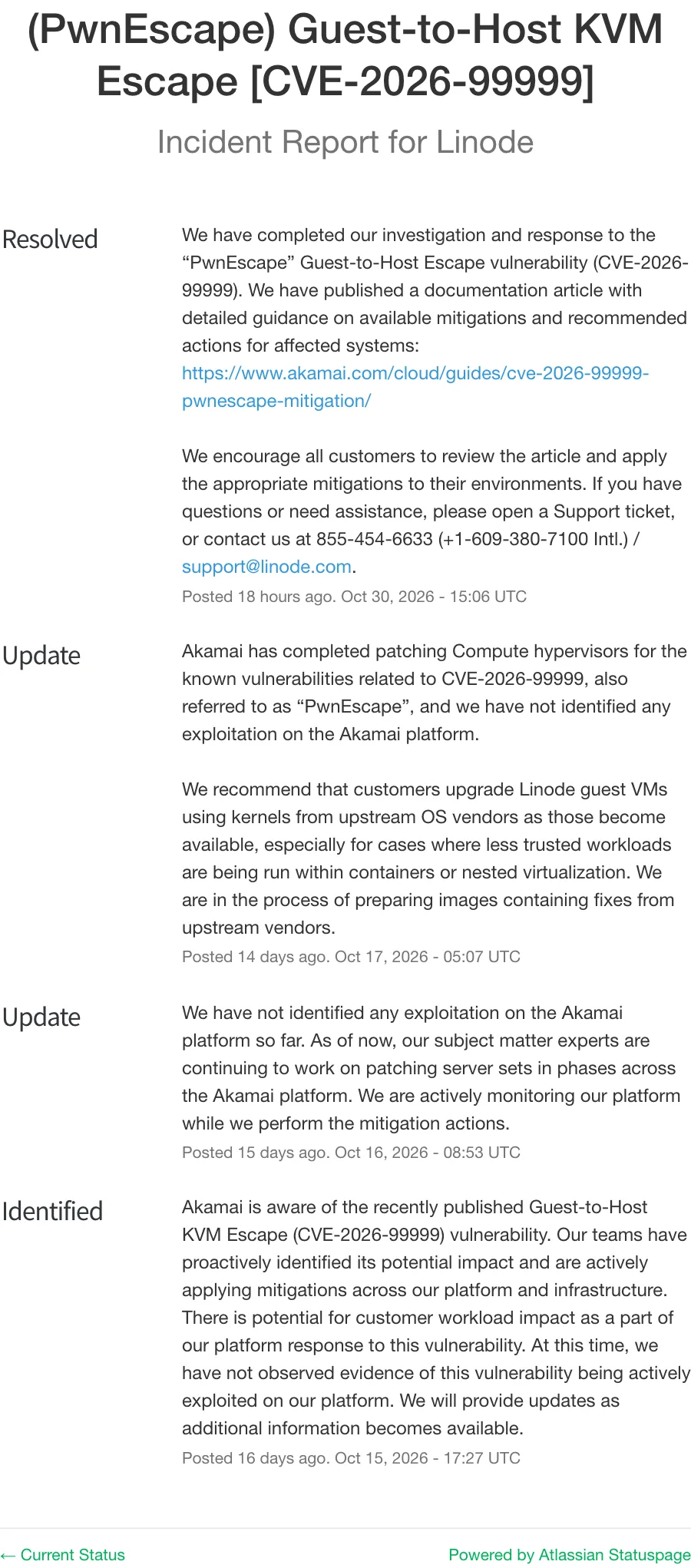 หน้าสถานะ Linode แสดงรายงานเหตุ PwnEscape CVE-2026-99999 ทั้ง 4 ข้อความ ตั้งแต่ 15 ถึง 30 ตุลาคม 2026 สถานะล่าสุด Resolved