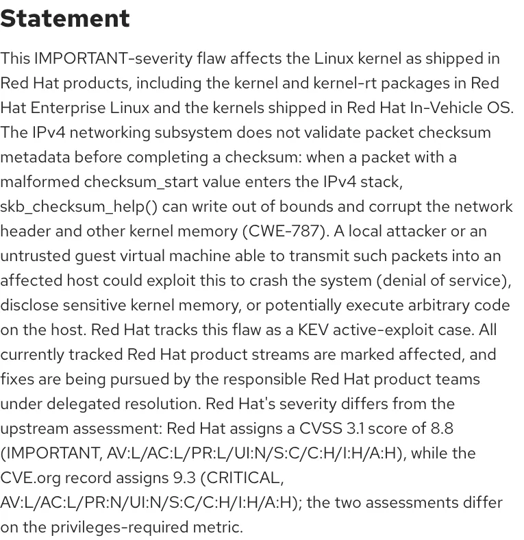 ข้อความ Statement บนหน้า Red Hat ของ CVE-2026-99999 ระบุระดับ Important และคะแนน CVSS 3.1 8.8 เทียบกับ 9.3 ใน CVE record