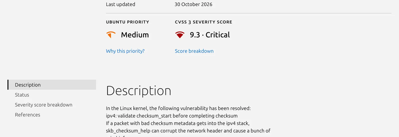 หน้า Ubuntu Security ของ CVE-2026-99999 เผยแพร่ 15 ตุลาคม 2026 ปรับปรุง 30 ตุลาคม 2026 Priority Medium CVSS 3 คะแนน 9.3