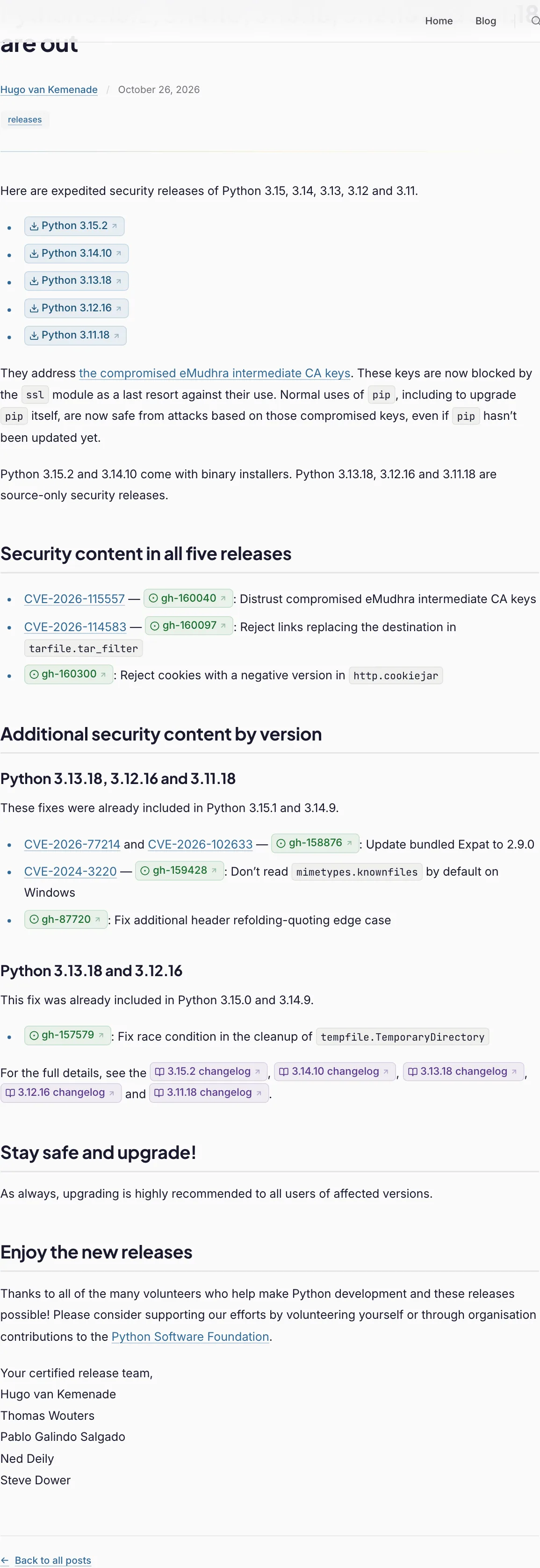 ประกาศบน Python Insider วันที่ 26 ตุลาคม 2026 ว่า Python 3.15.2, 3.14.10, 3.13.18, 3.12.16 และ 3.11.18 ออกแล้ว พร้อมรายการ CVE-2026-115557 และ CVE-2026-114583