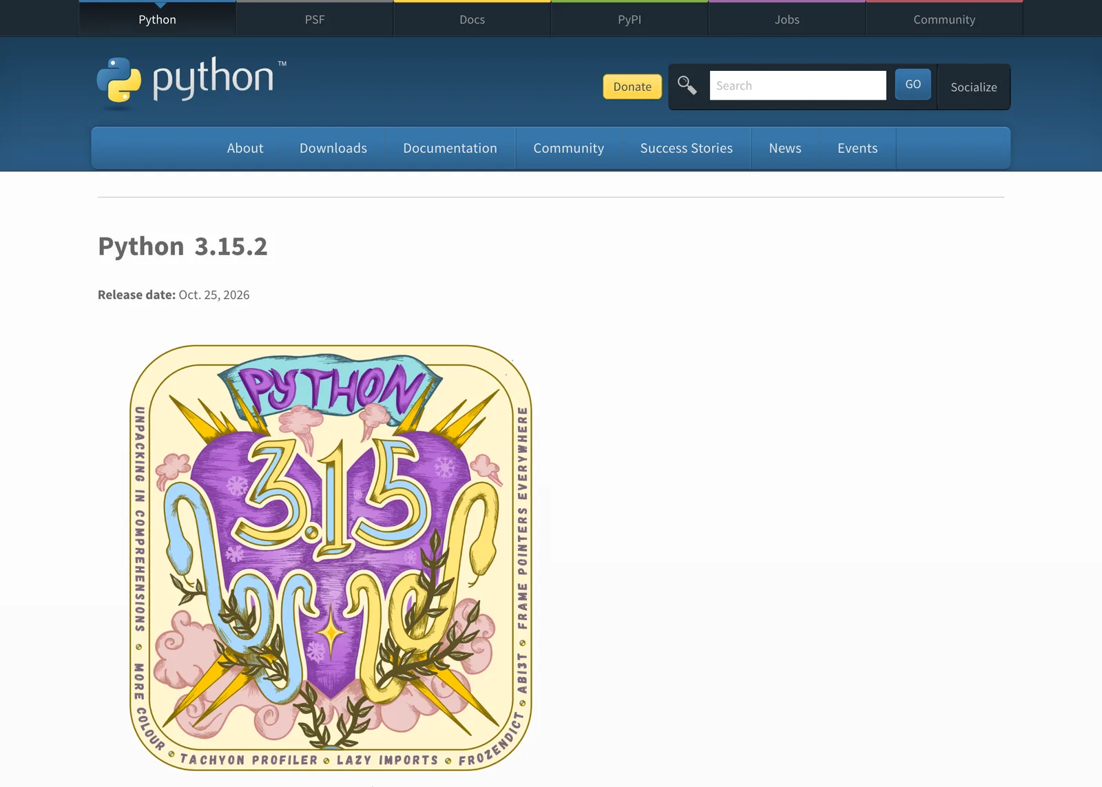หน้า release ของ Python 3.15.2 บน python.org ระบุวันปล่อย 25 ตุลาคม 2026 พร้อมภาพโลโก้ Python 3.15